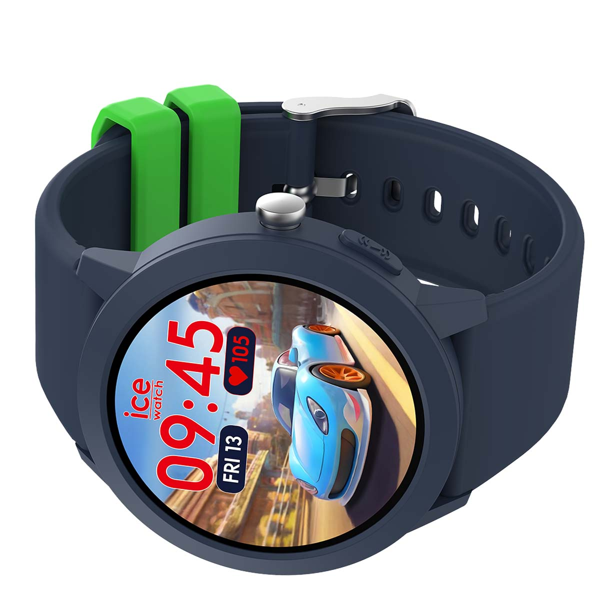 Dunkelblaue Smartwatch mit hellgrünen Schlaufen und einem Display, das ein blaues Auto und die Uhrzeit 09:45 zeigt.