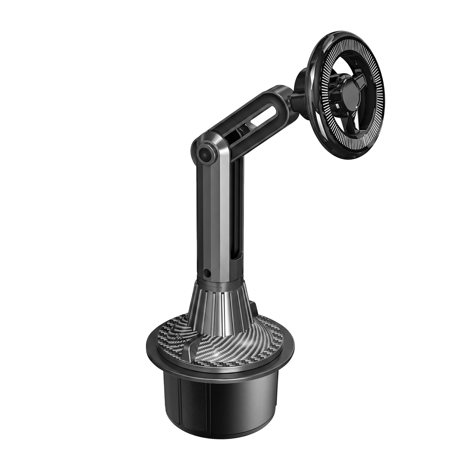 Eine schwarze und silberne Auto-Becherhalter-Halterung mit verstellbarem Arm und runder Halterung.