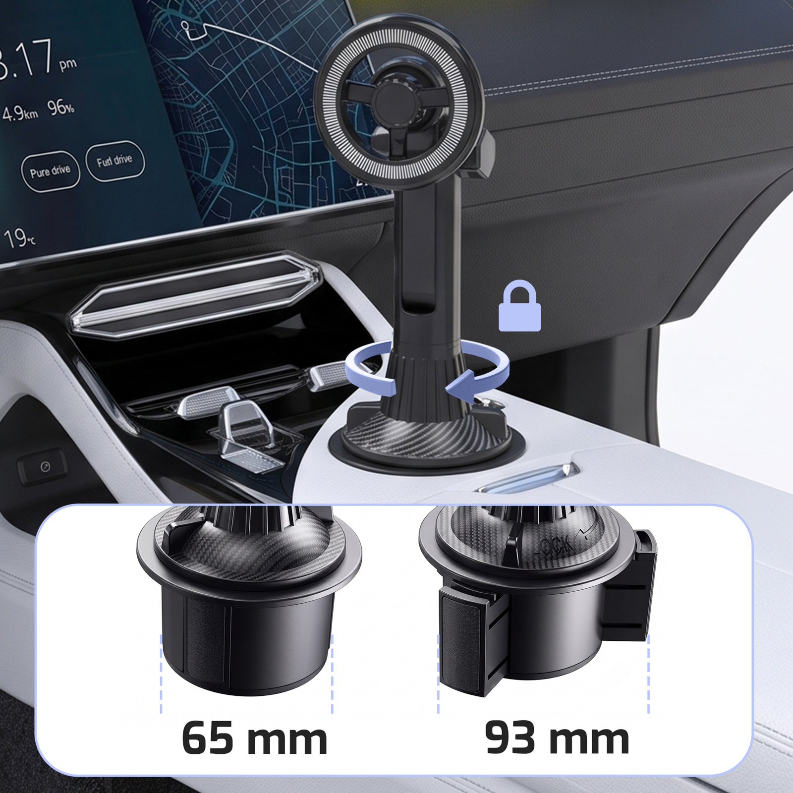 Auto-Handyhalterung auf einer Mittelkonsole mit zwei Verstellgrößen von 65 mm und 93 mm.