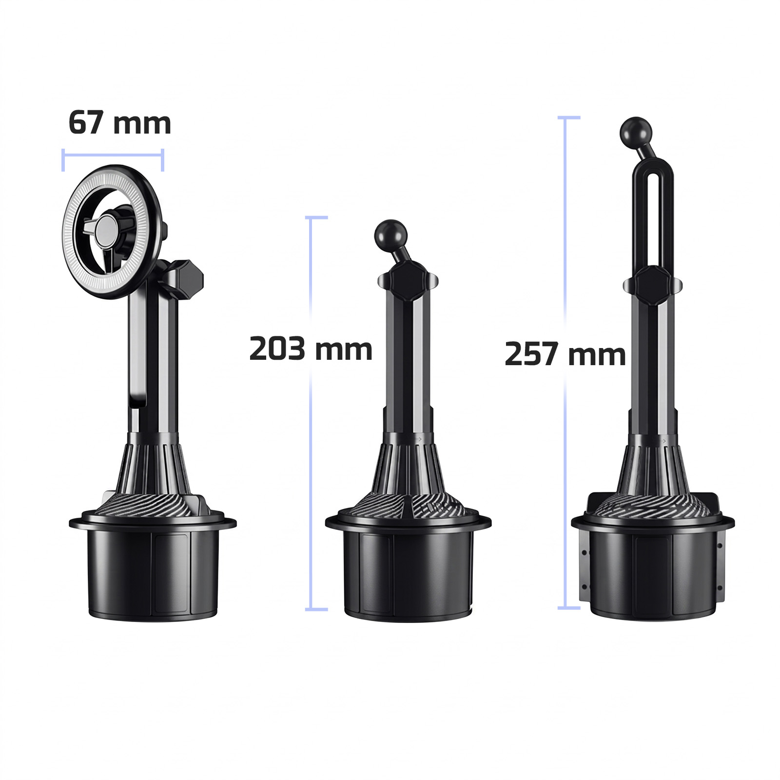 Drei schwarze Becherhalter-Halterungen mit Maßangaben von 67 mm, 203 mm und 257 mm vor einem weißen Hintergrund.