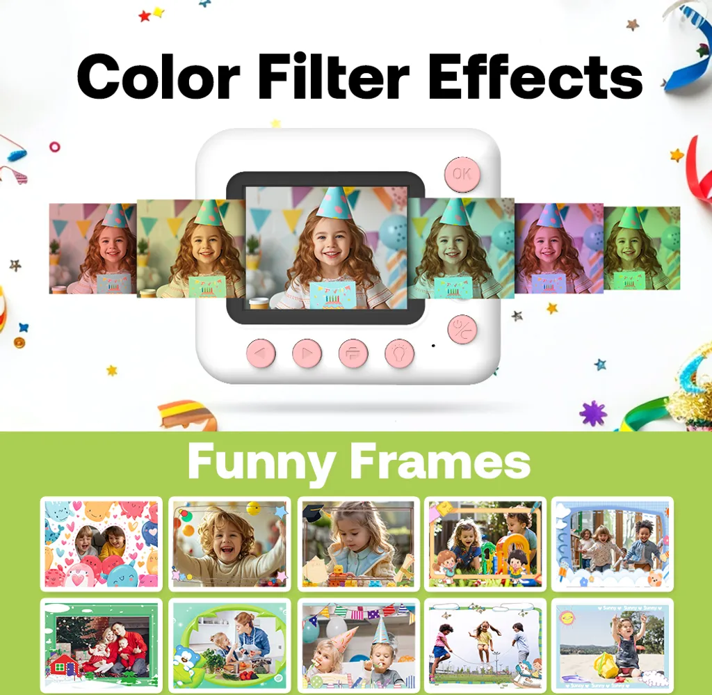 Eine weiße Sofortbildkamera zeigt Farbfiltereffekte und lustige Fotorahmen mit Kindern.