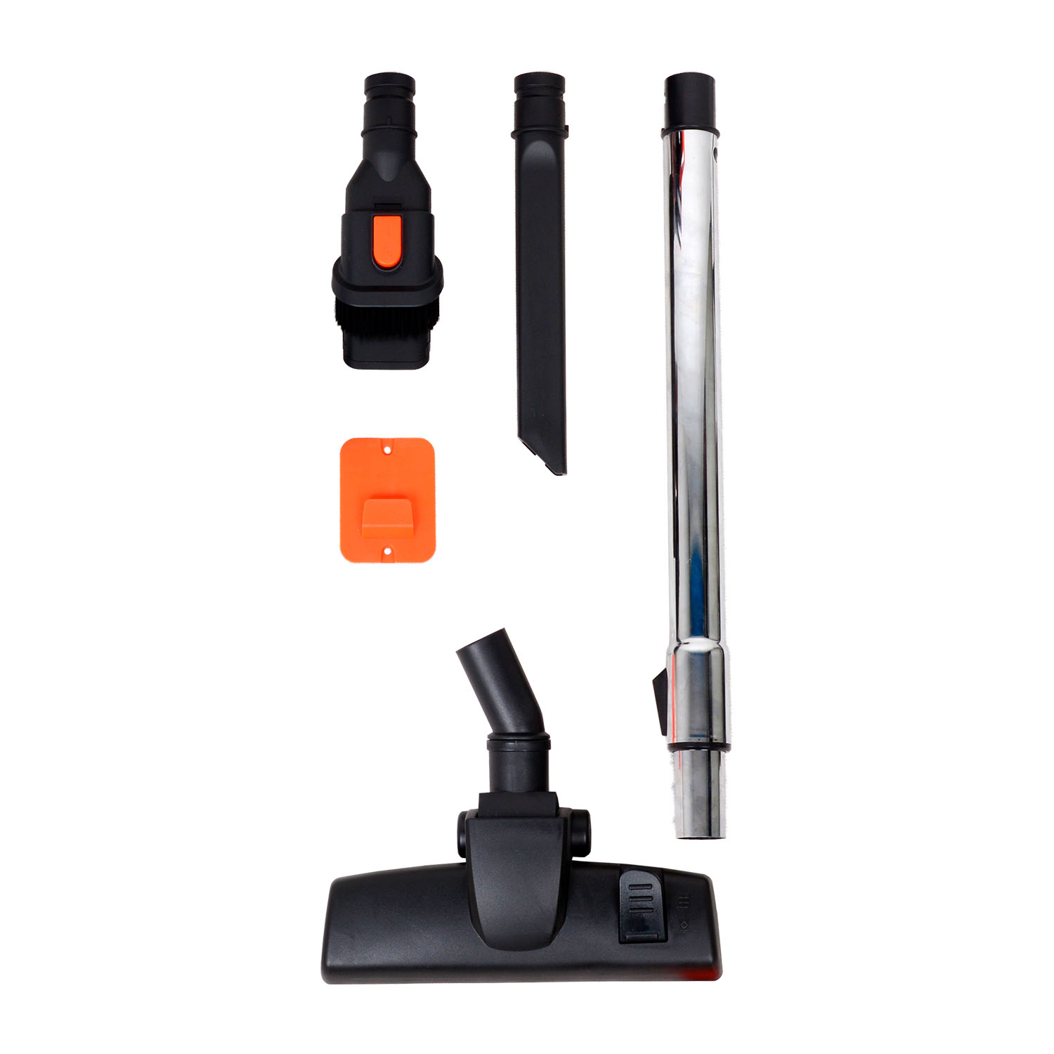 Accesorios de aspiradora con cabezal negro, tubo de cromo, cepillo y soporte naranja.