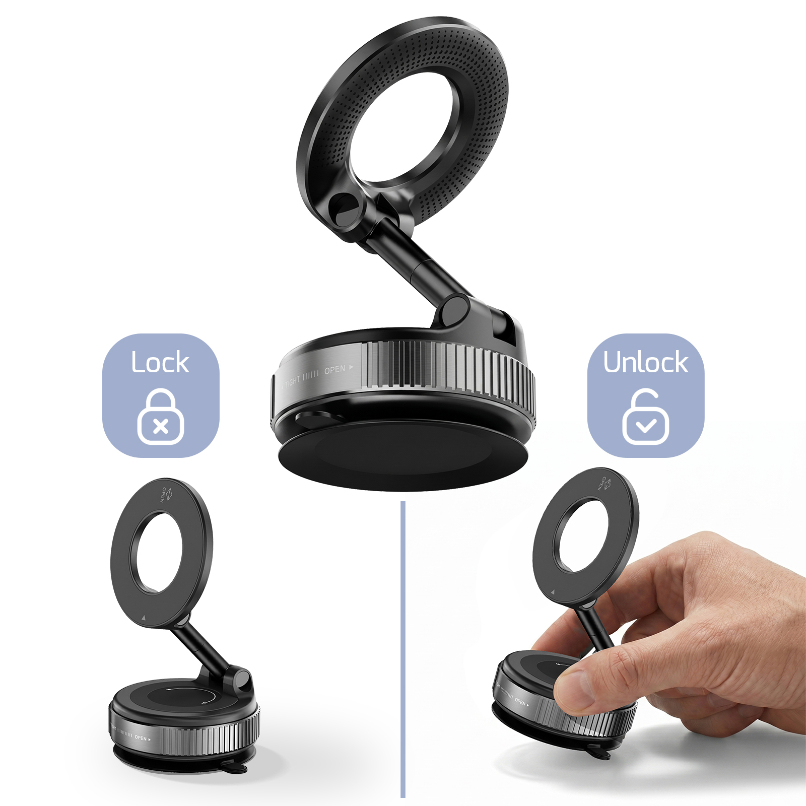 Schwarze Handyhalterung mit Saugnapf, Ring und Schloss-Entsperrungs-Symbolen.