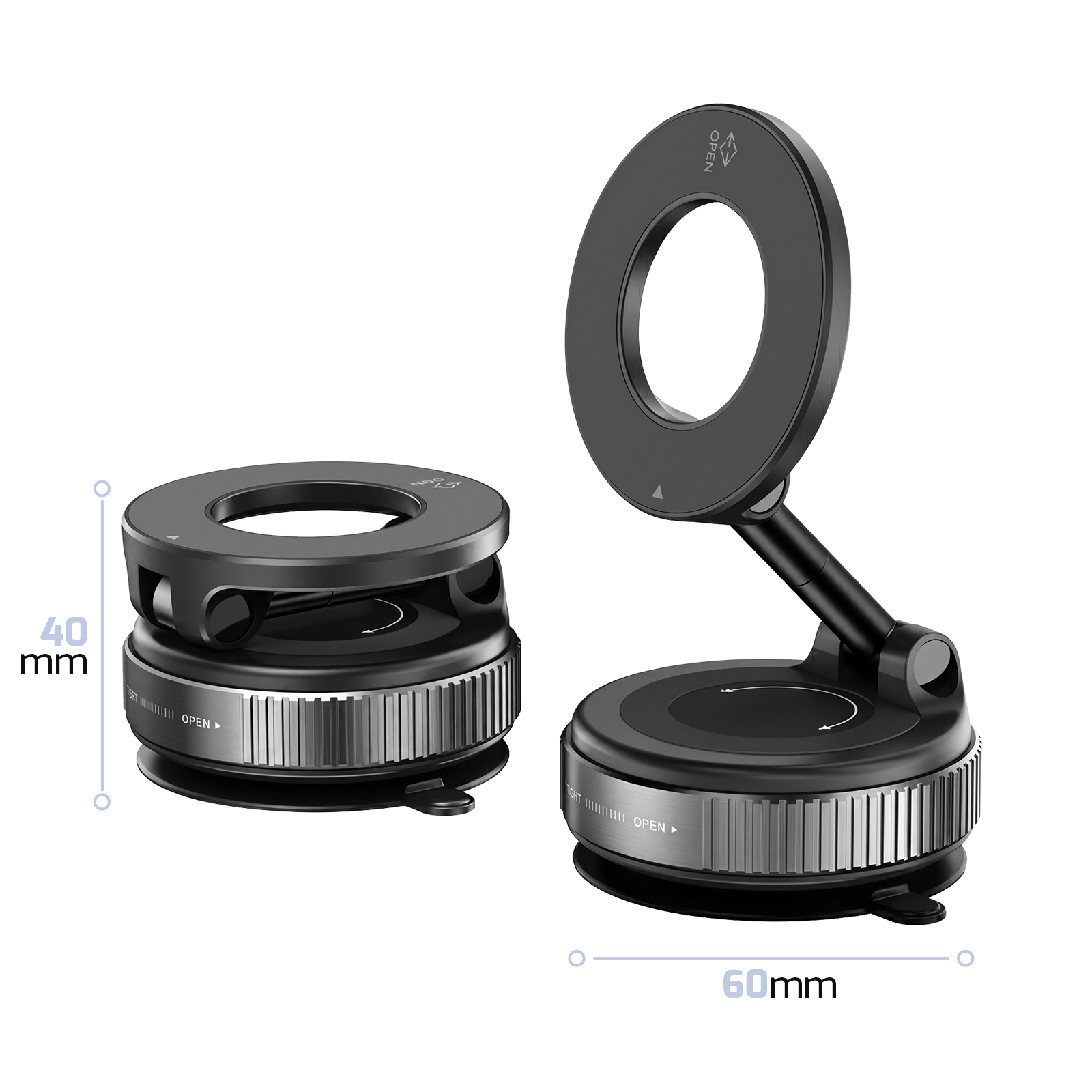 Zwei schwarze Saugnapfständer, einer gefaltet bei 40mm Höhe, einer ausgeklappt, 60mm breite Basis.