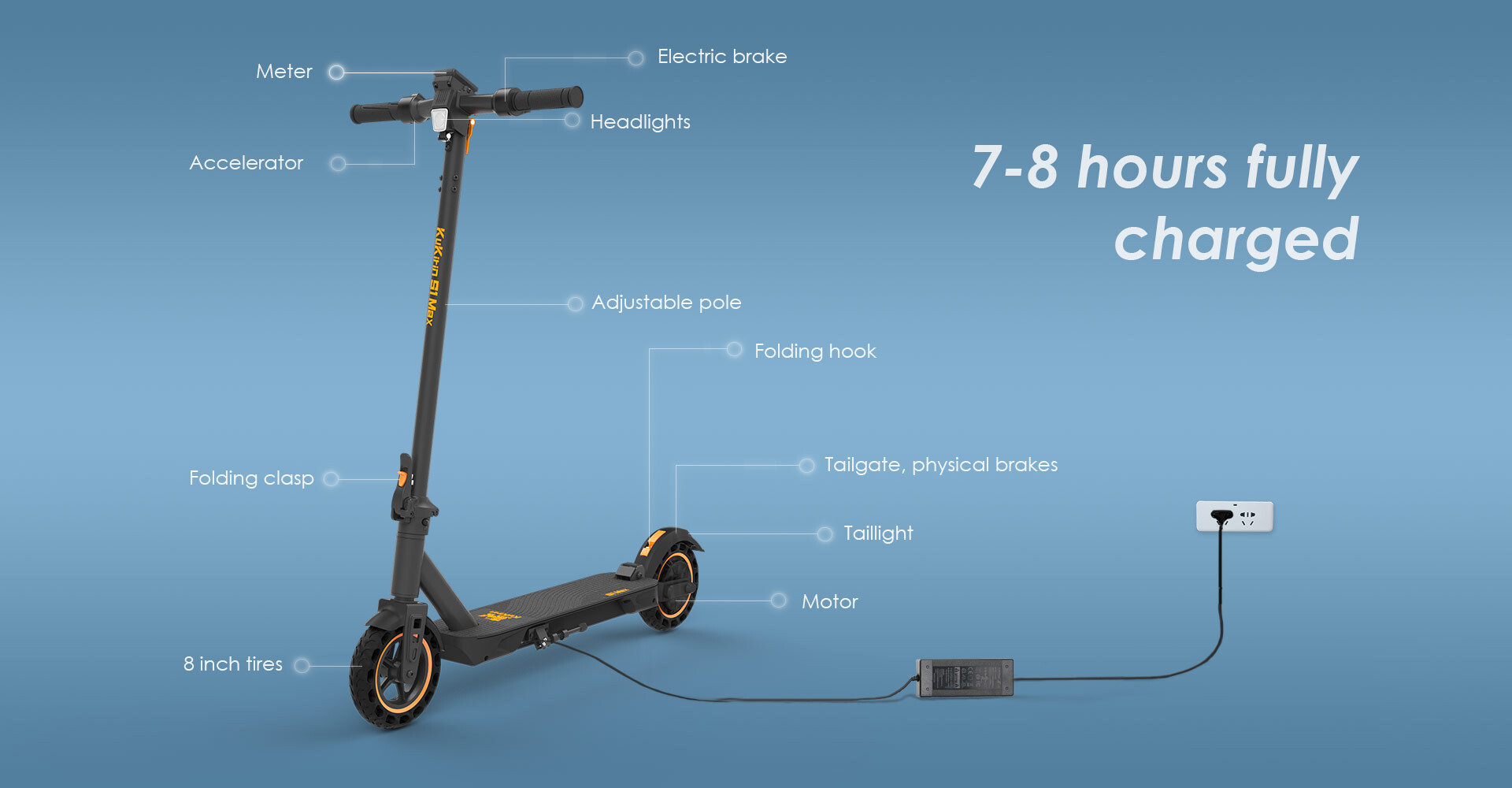 Ein elektrischer Roller mit Ladekabel und Text 7-8 Stunden voll aufgeladen auf blauem Hintergrund.