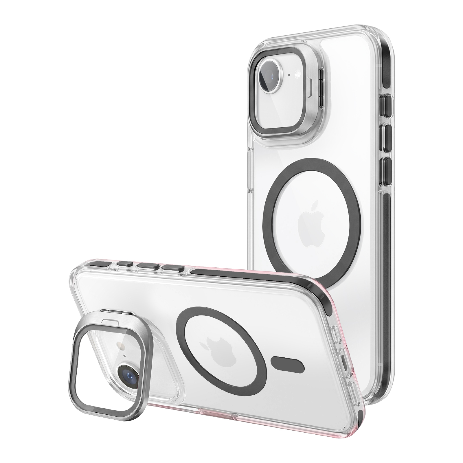 Zwei transparente Handyhüllen mit MagSafe-Ringen und Kameraschutz vor weißem Hintergrund.
