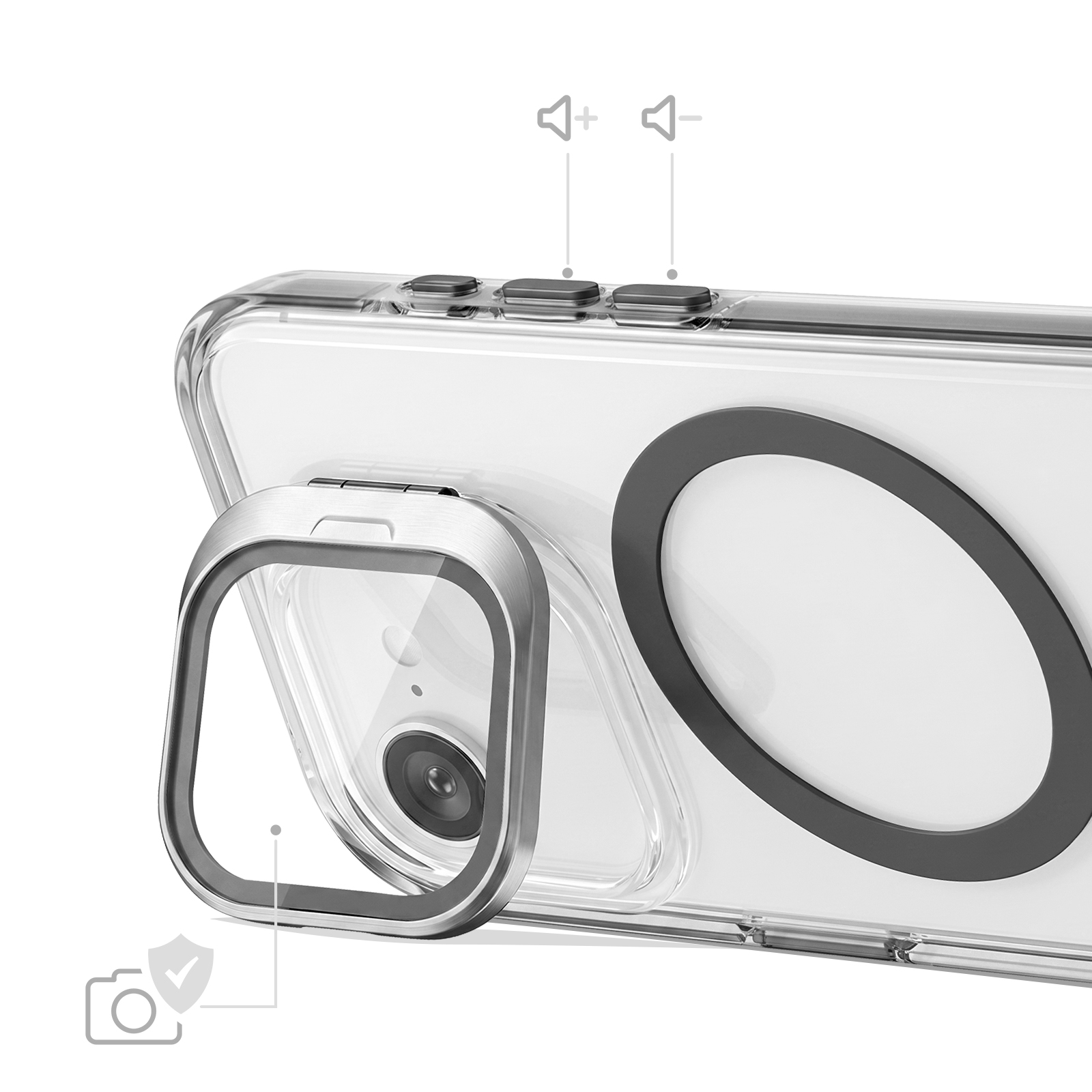 Eine transparente Handyhülle mit Metallkameraständer und MagSafe-Ring auf der Rückseite, vor weißem Hintergrund.