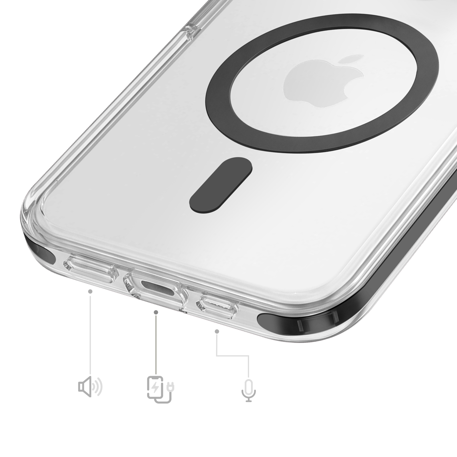 Klarer Handy-Schutz mit runder MagSafe-Halterung, Anschluss und Icons für Audio, Strom und Mikrofon.
