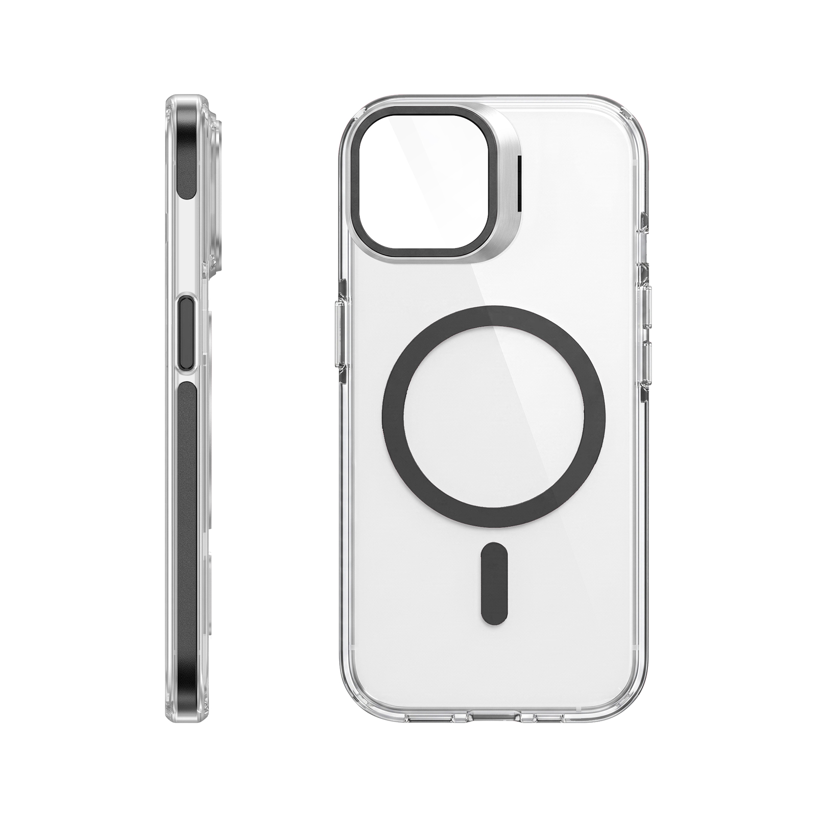 Transparente MagSafe-Handyhülle von hinten und der Seite vor weißem Hintergrund.