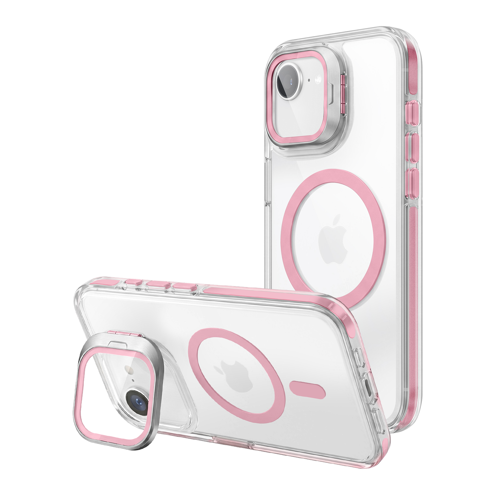 Zwei transparente Handyschalen mit rosa Akzenten und integriertem MagSafe-Ring vor weißem Hintergrund.