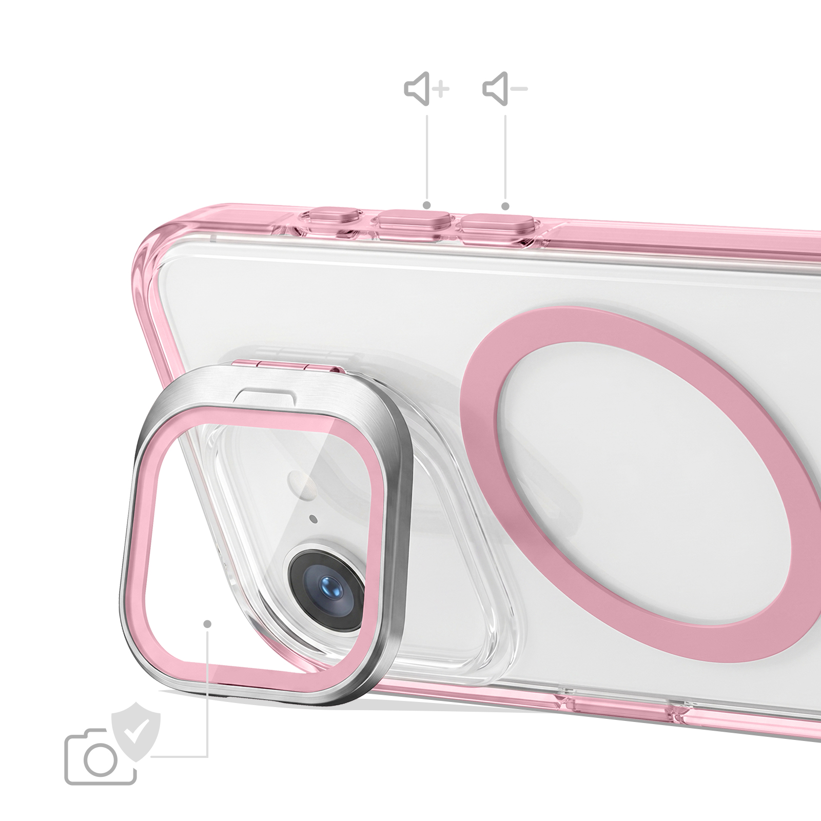Pinkfarbene Handyhülle mit integriertem Ständer, Kameraglas-Schutz und MagSafe-Ring.