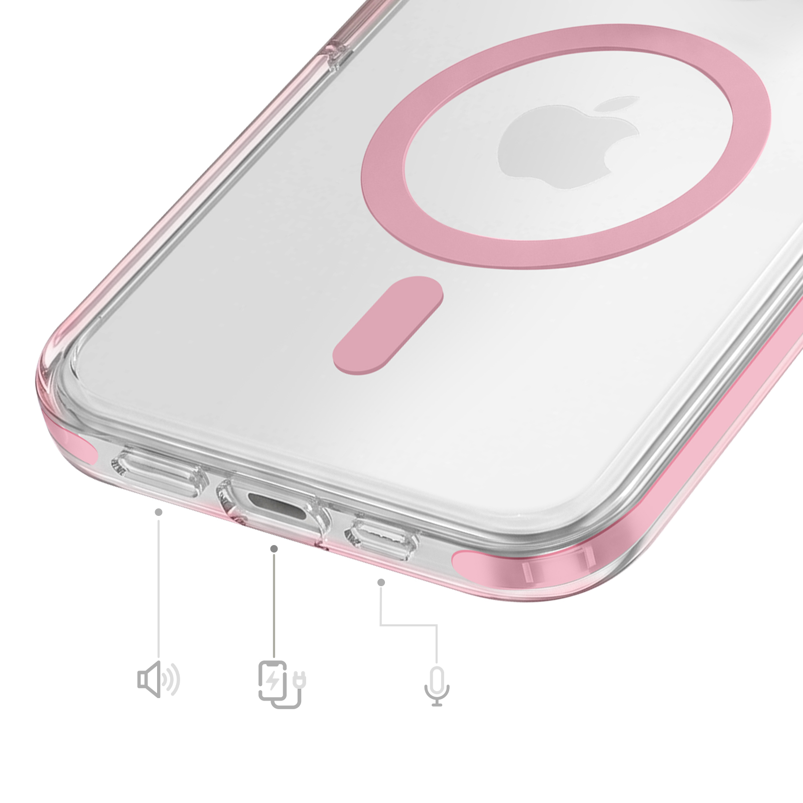 Transparente Handyhülle mit rosafarbenem Rand und MagSafe-Ring, untere Anschlüsse mit Icons markiert.