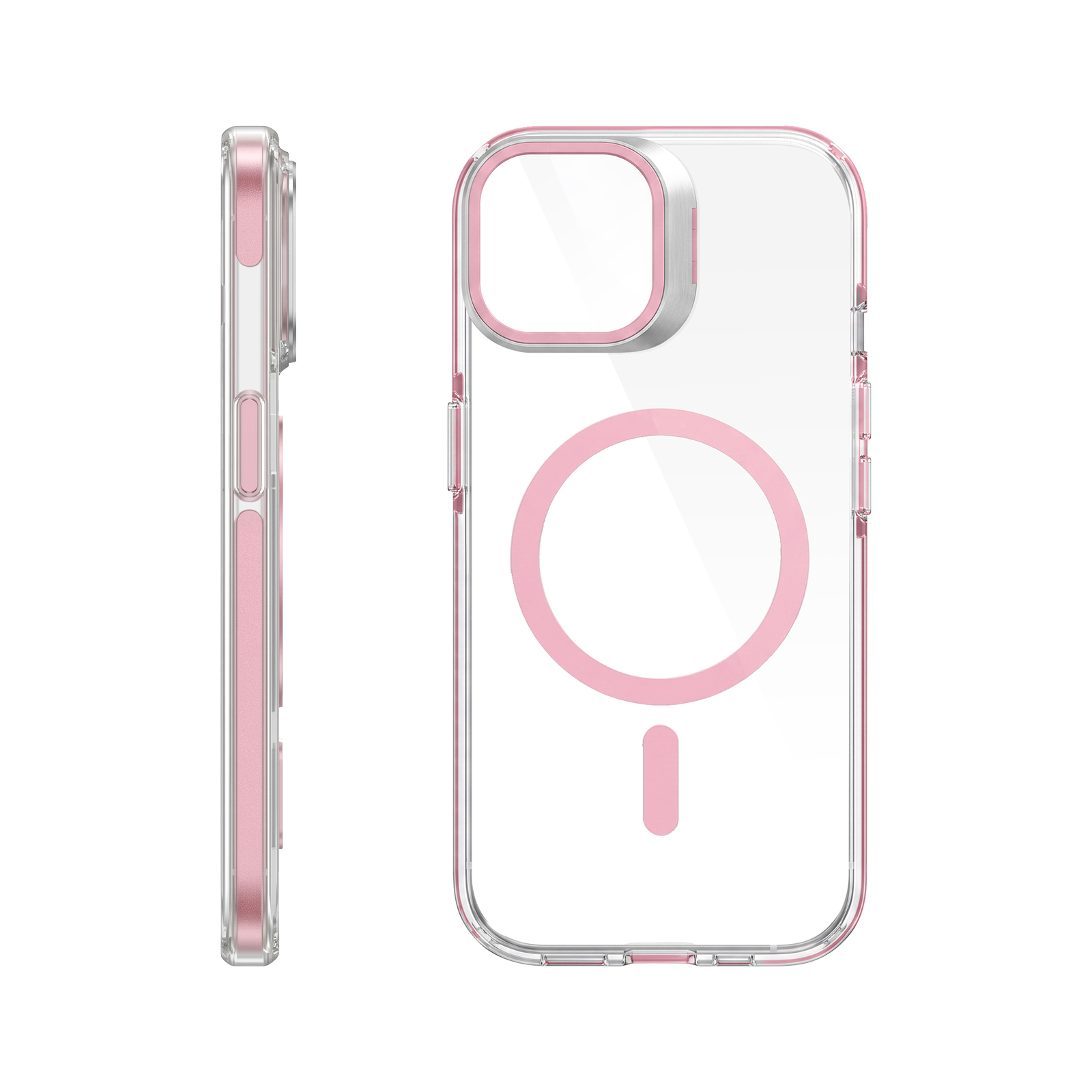 Transparente Handyhülle mit rosafarbenem Rand und MagSafe-Ring, gezeigt von der Seite und hinten.