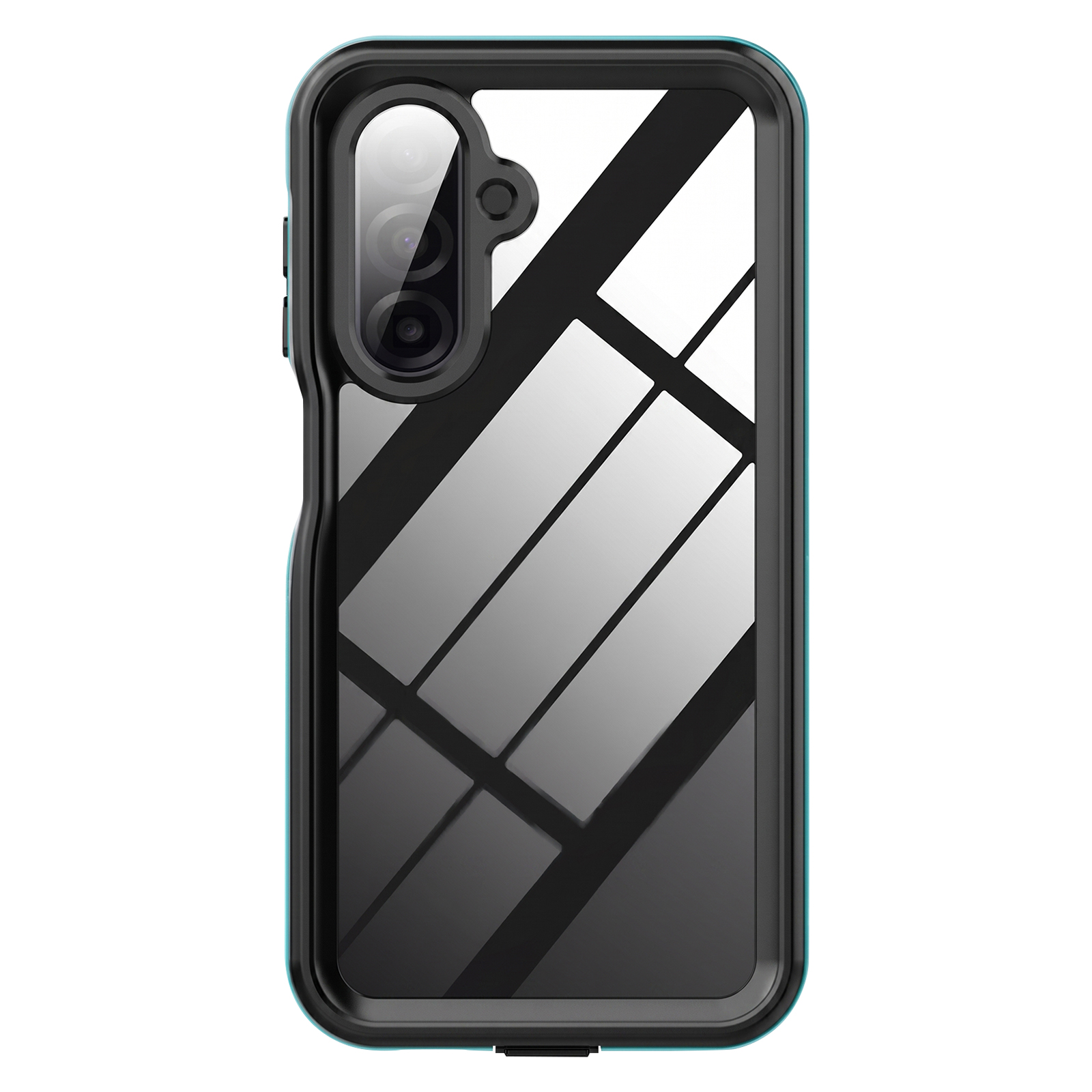 Eine schwarze und türkisfarbene Smartphone-Hülle mit integriertem Kameraschutz und reflektierenden Streifen.