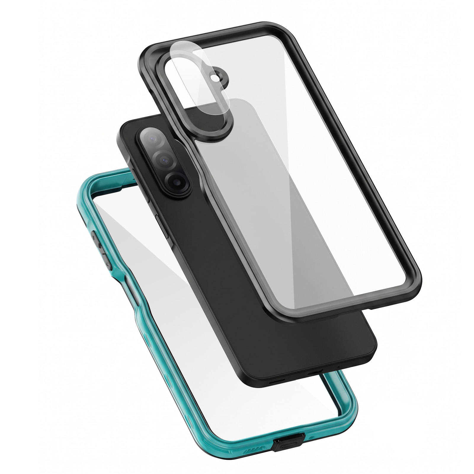 Eine schwarze und türkise Schutzhülle für ein Smartphone wird in Einzelteilen auf weißem Hintergrund gezeigt.