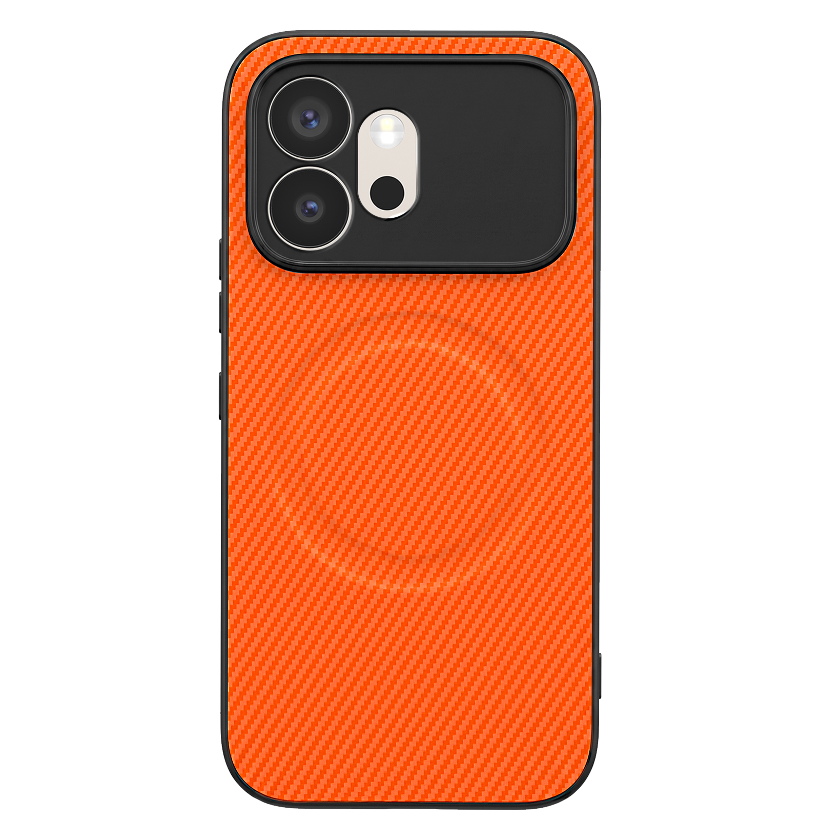Orangene Smartphone-Hülle mit Kohlefaser-Muster und schwarzem Kameramodul oben auf weißem Hintergrund.