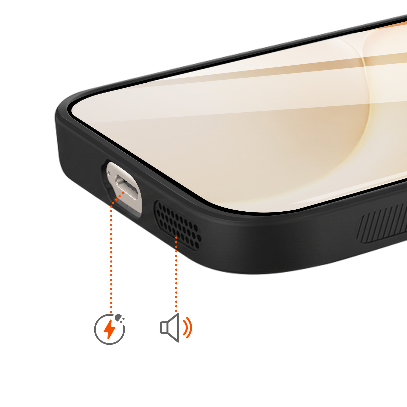 Unterseite eines Smartphones mit Ladeanschluss und Lautsprecher, markiert mit Symbolen.