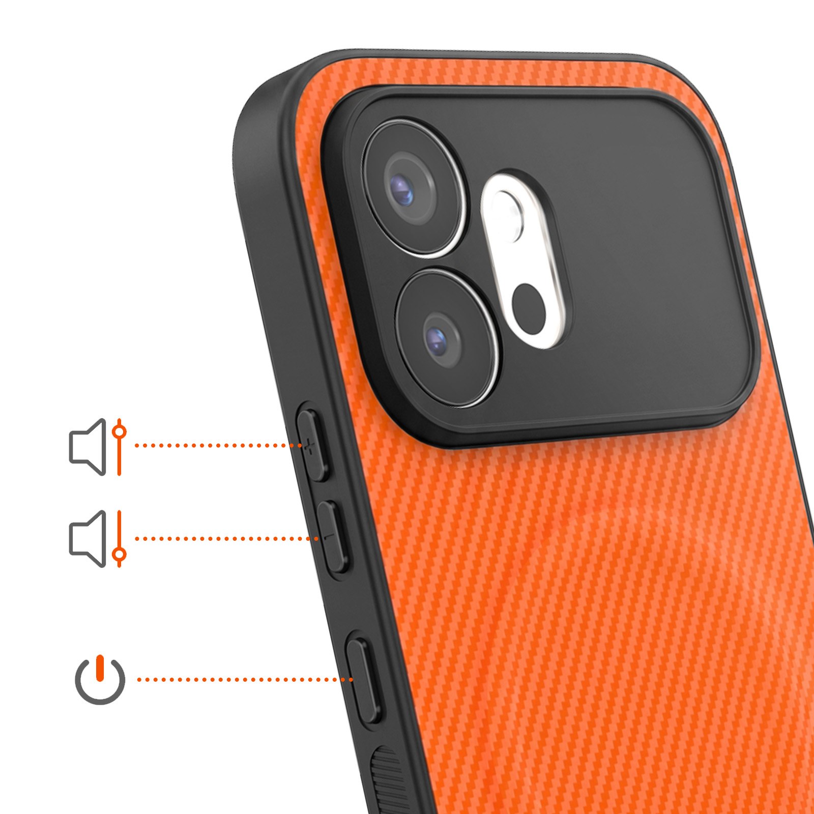 Rückseite einer orangefarbenen Smartphone-Hülle mit zwei Kameras und Diagrammen für die Seitentasten.