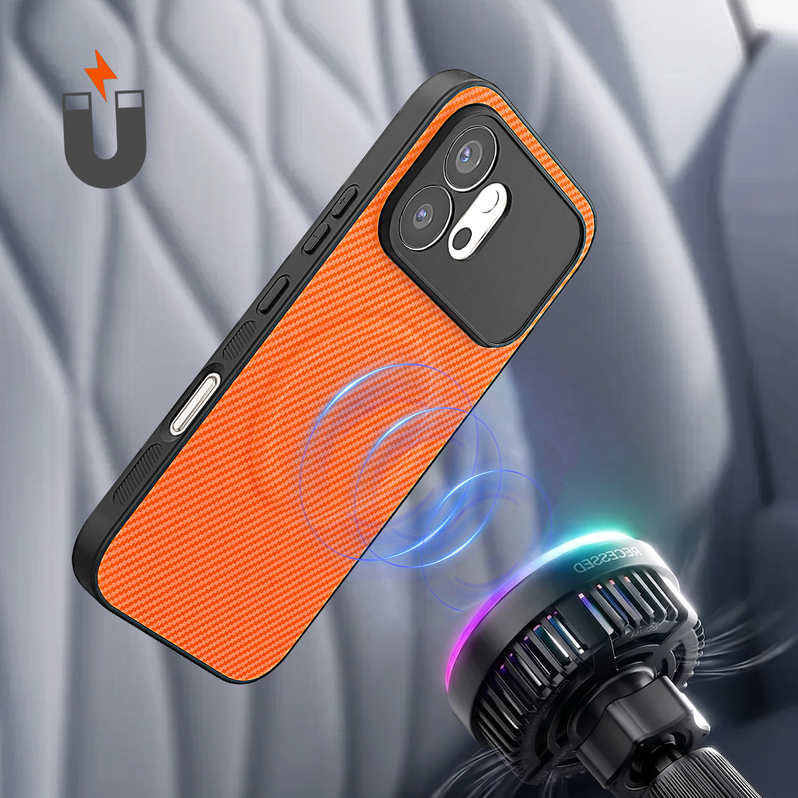Eine orangefarbene Carbon-Handyhülle schwebt über einer magnetischen Autohalterung vor verschwommenem Hintergrund.