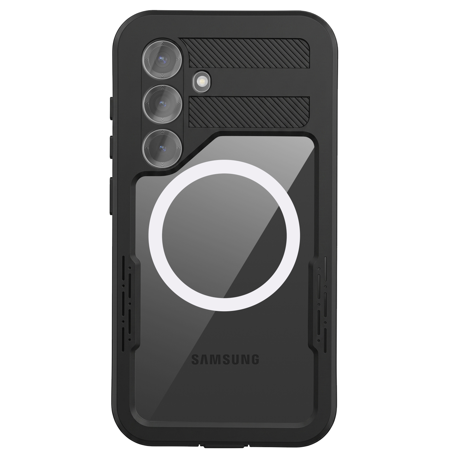 Schwarze Samsung-Handyhülle mit MagSafe-Ring und drei Kameraaussparungen auf der Rückseite.