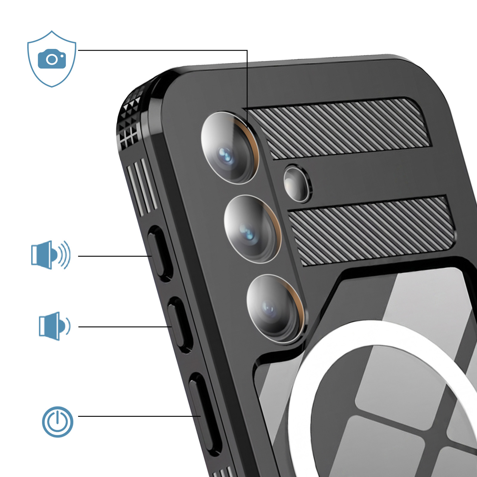 Schwarze Schutzhülle mit drei Kameraöffnungen, Knöpfen und weißem MagSafe-Ring.