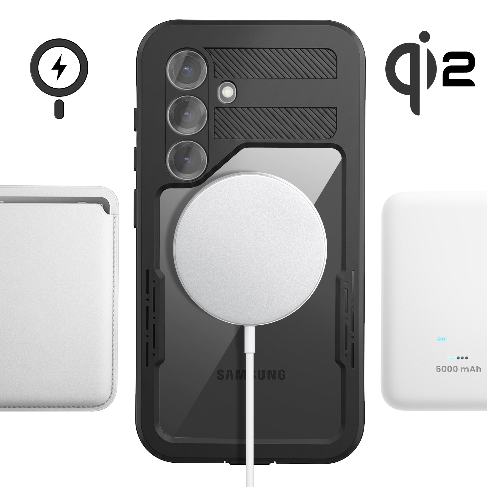 Schwarze Samsung-Handyhülle mit MagSafe-Ladegerät, Qi2-Symbol und Powerbank auf weißem Hintergrund.
