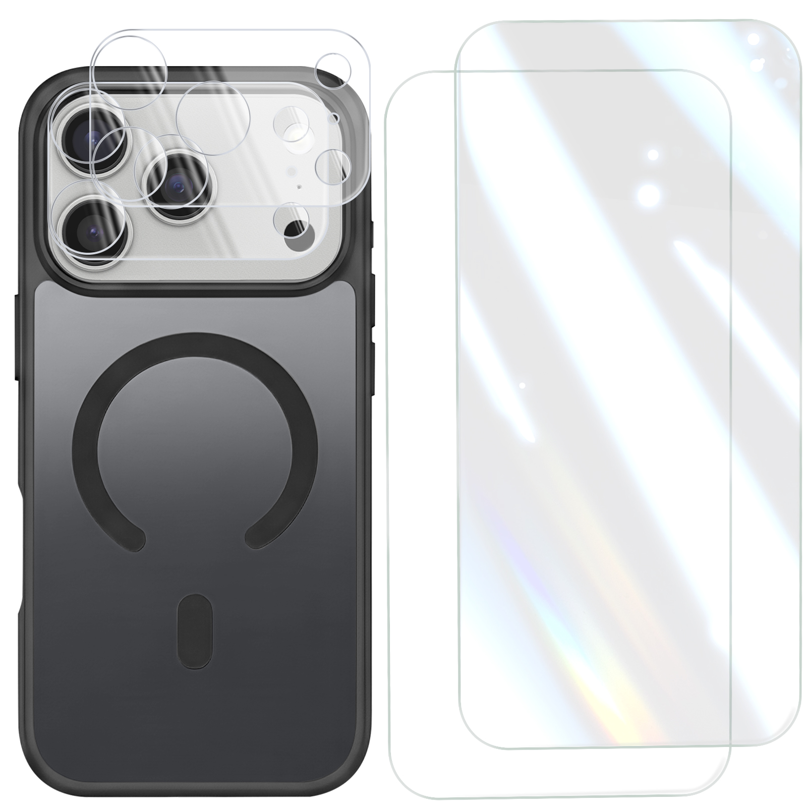 Schwarze Smartphone-Hülle, Kamera-Schutzglas und zwei Displayschutzfolien auf weißem Hintergrund.
