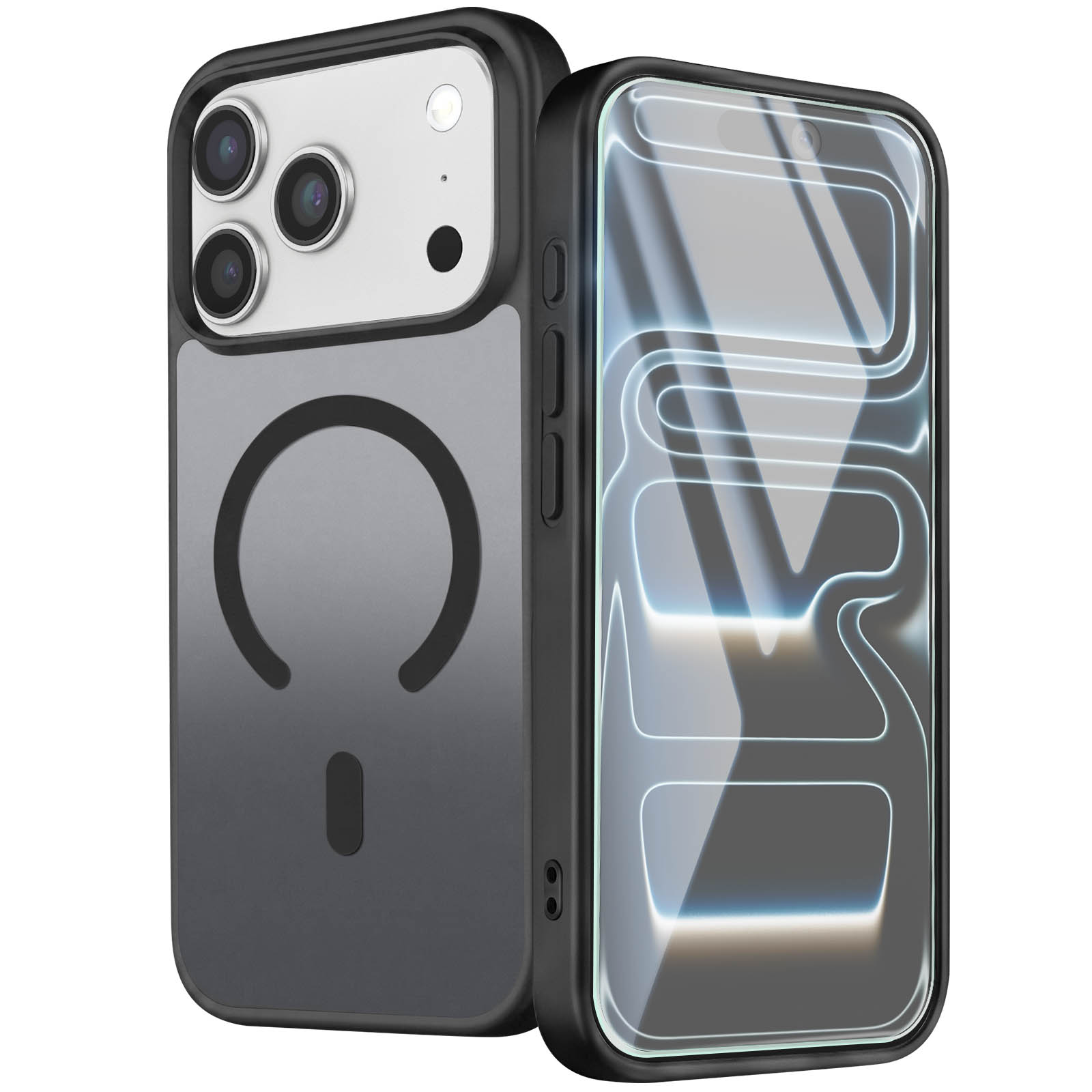 Zwei schwarze Handyhüllen mit MagSafe-Ring und Displayschutz auf einem weißen Hintergrund.