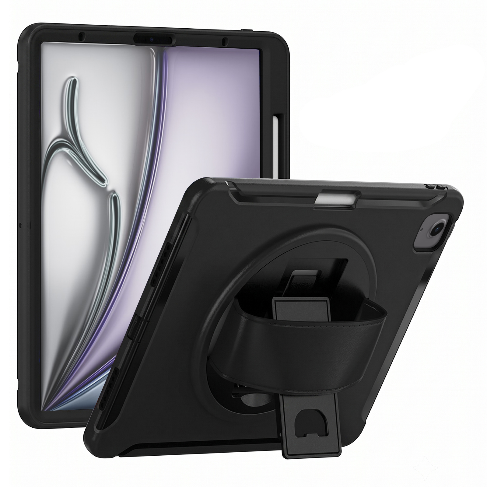 Due custodie nere per tablet con supporto integrato e cinturino su sfondo bianco.