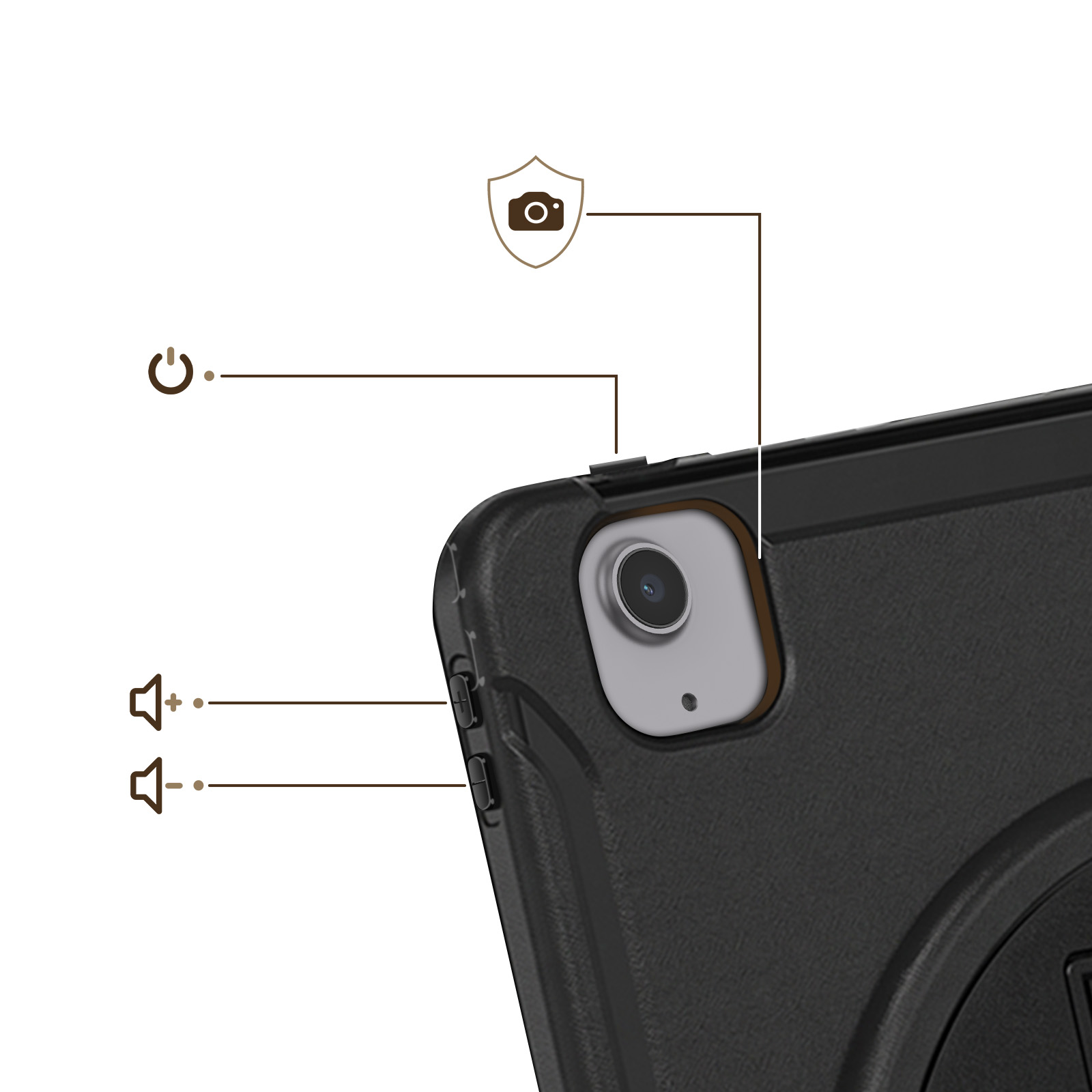 Diagramma di una custodia nera per tablet, che evidenzia fotocamera, pulsanti del volume e di accensione.