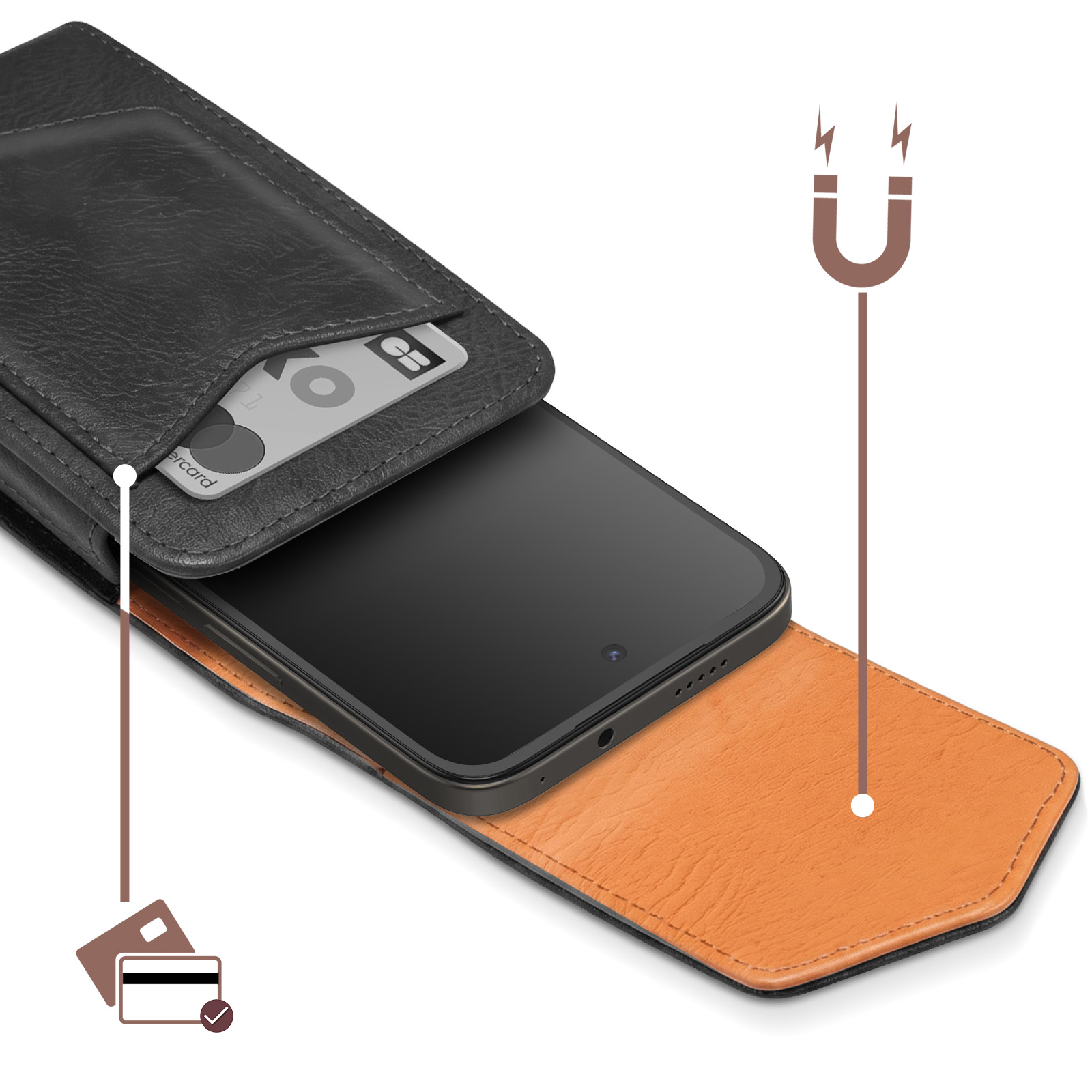 Schwarze Leder-Handyhülle mit Kreditkartenfach und orangem Magnetverschluss vor weißem Hintergrund.