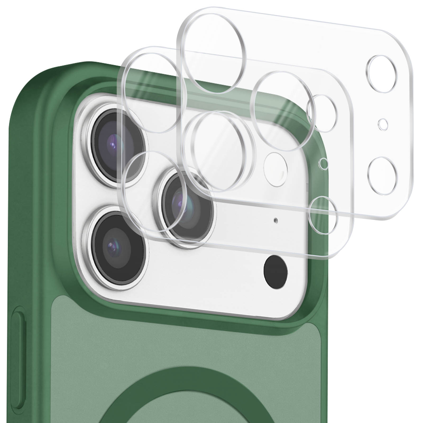 Transparente Kameralinsenschutzfolien schweben über der Dreifachkamera eines grünen Smartphones.