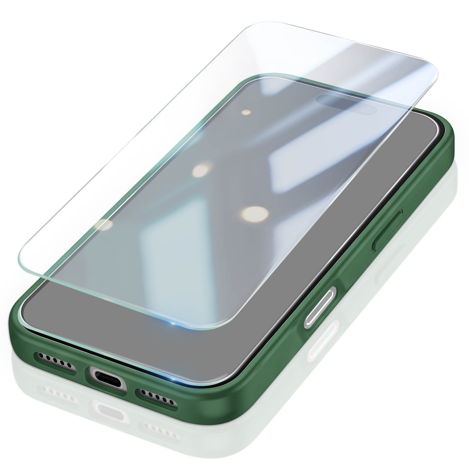 Ein grünes Smartphone mit Schutzfolie, die leicht über dem Display schwebt.