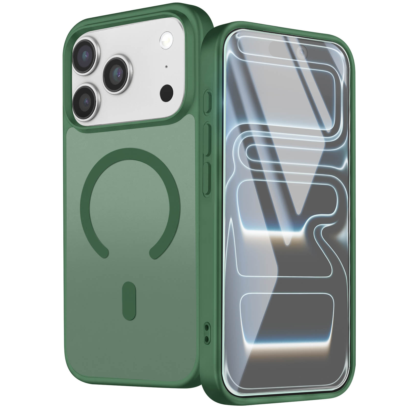 Grüne Smartphone-Hülle mit MagSafe-Ring und Displayschutz auf weißem Hintergrund.