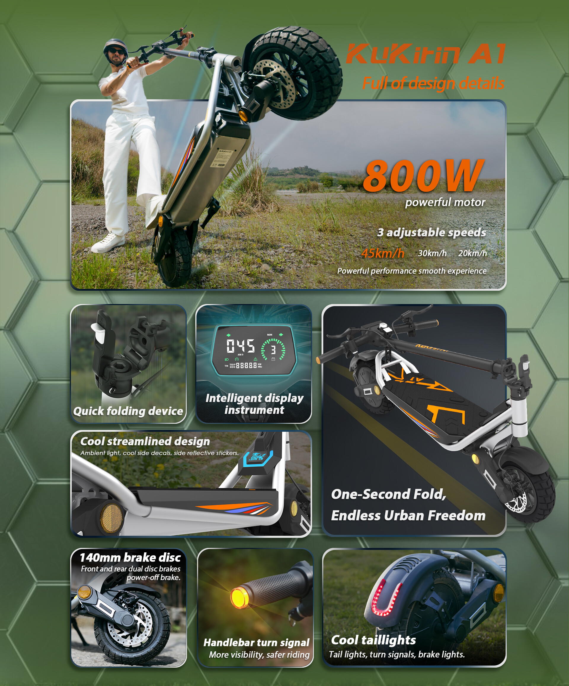 Locandina promozionale del monopattino KuKirin A1 con dettagli su motore, display e freni.