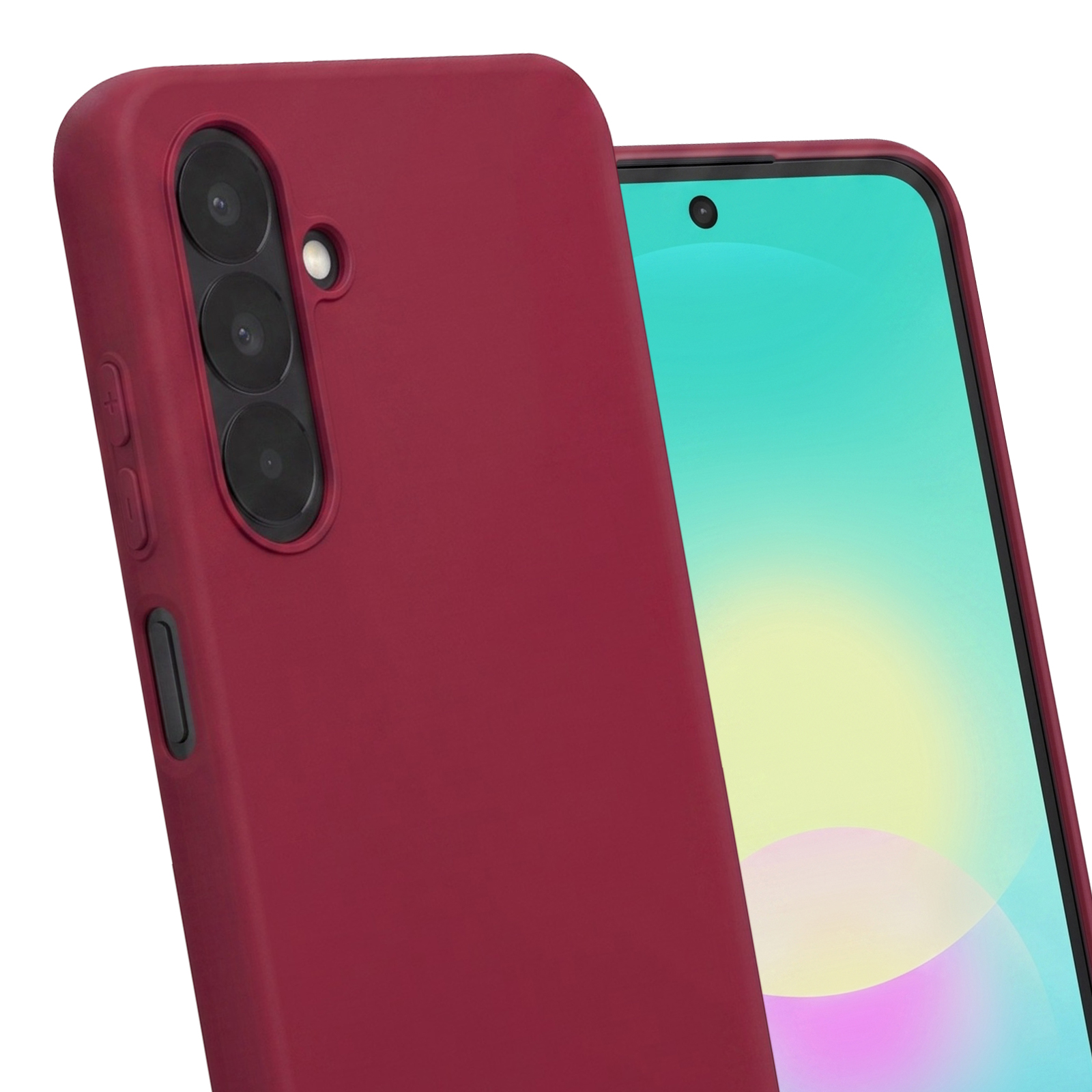 Ein rotes Smartphone in einer Hülle mit drei Rückkameras und einem hellen Display.