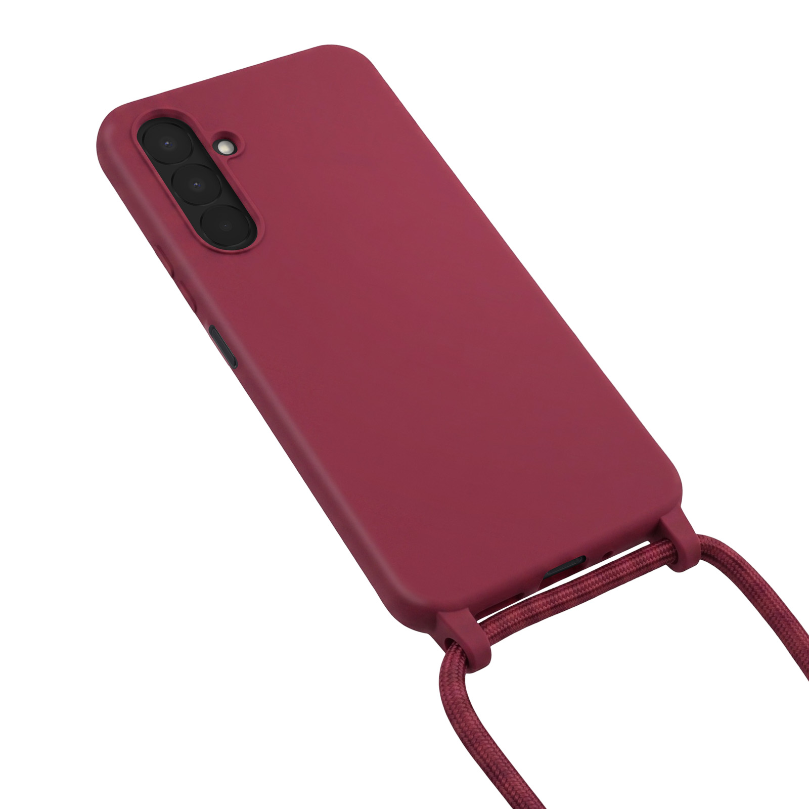 Dunkelrote Smartphone-Hülle mit Lanyard auf weißem Hintergrund.
