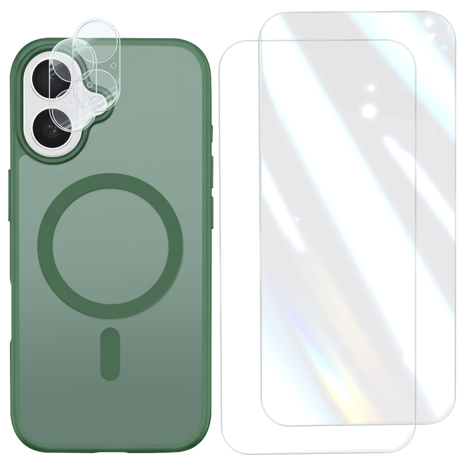 Grüne Handyhülle mit MagSafe-Ring, Kamera- und Displayschutzfolien auf weißem Hintergrund.
