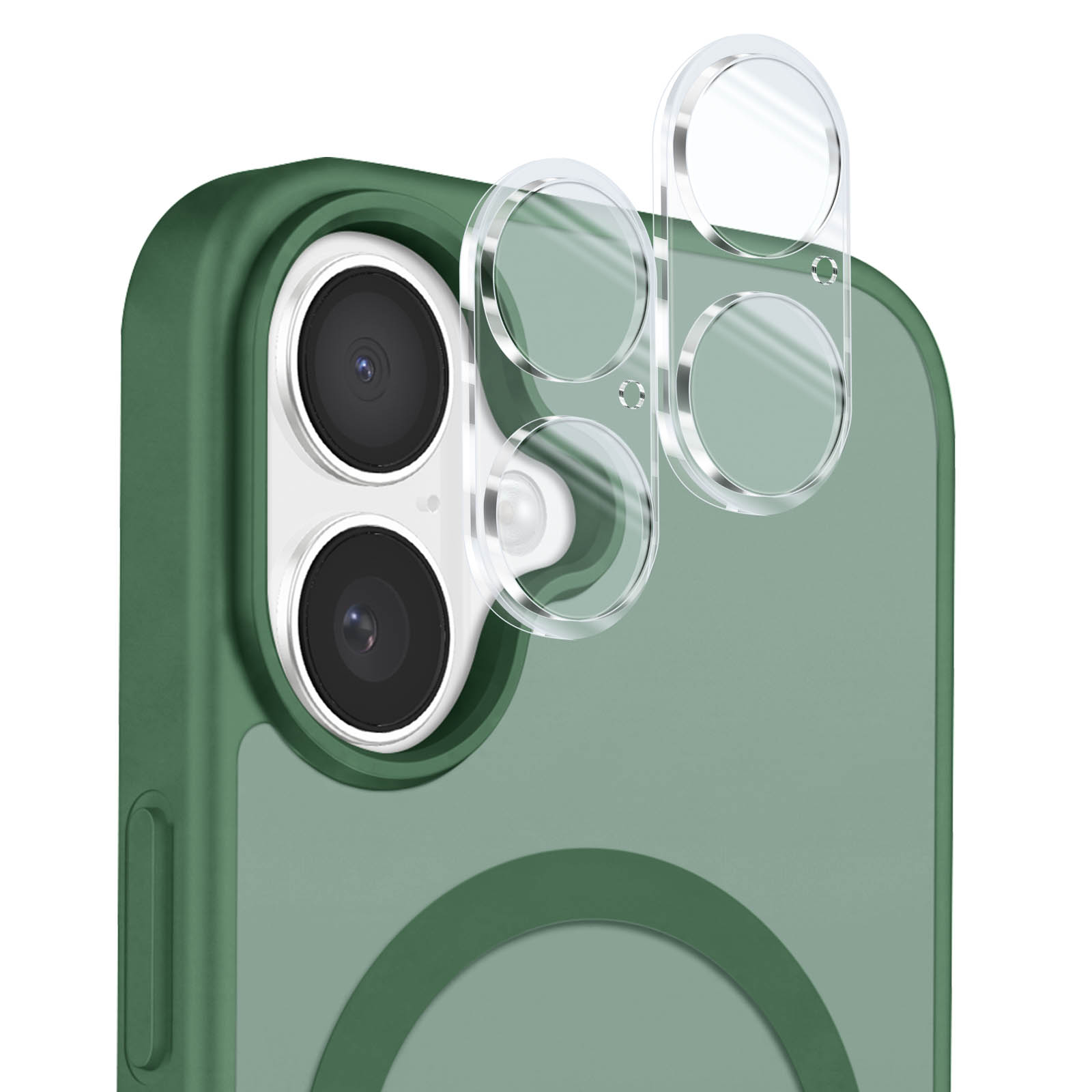 Grünes Smartphone mit Kamera und zwei separaten, klaren Linsenschutzabdeckungen in der Luft.