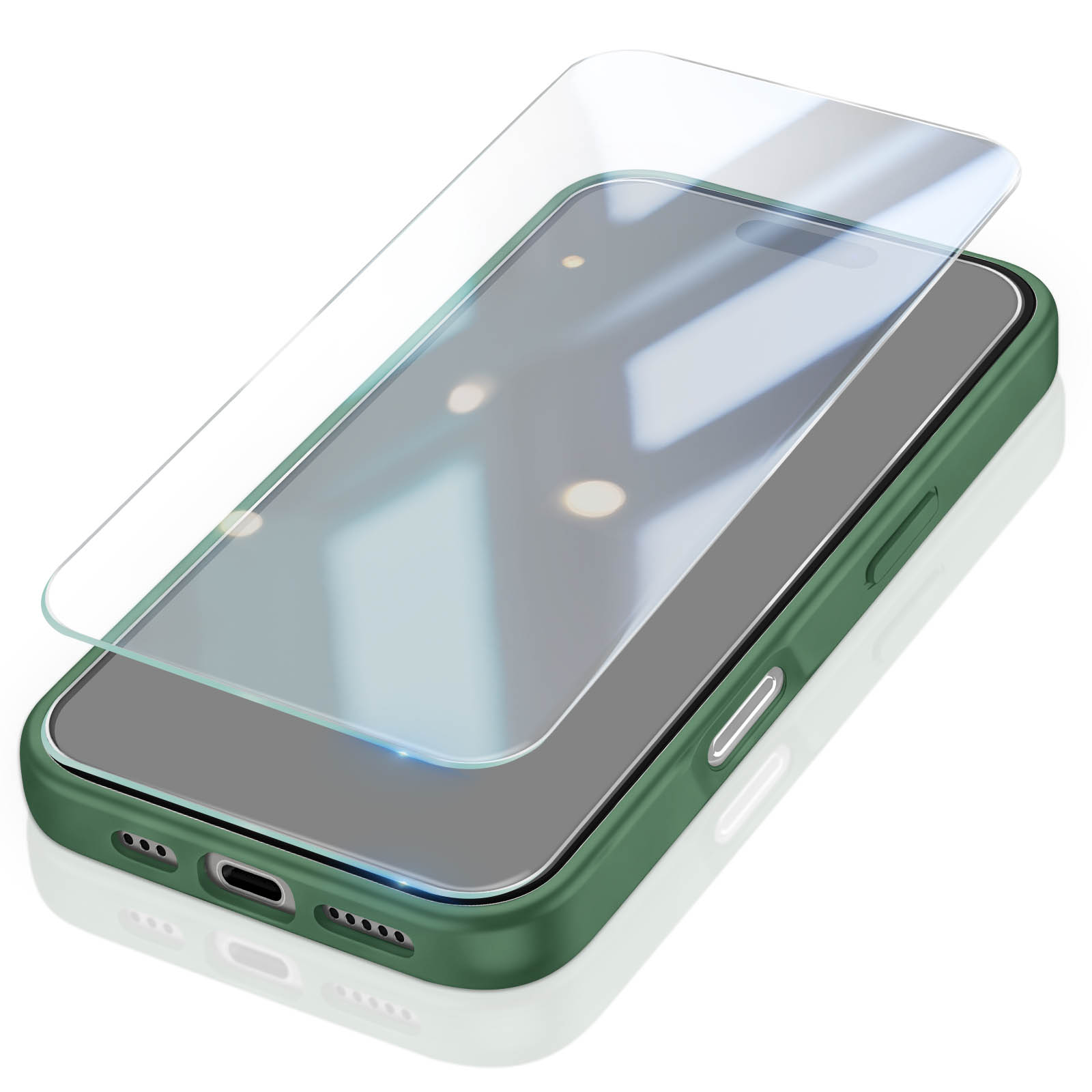 Ein grunes Smartphone in einer Schutzhulle mit einer abgelosten Glas-Displayfolie daruber.