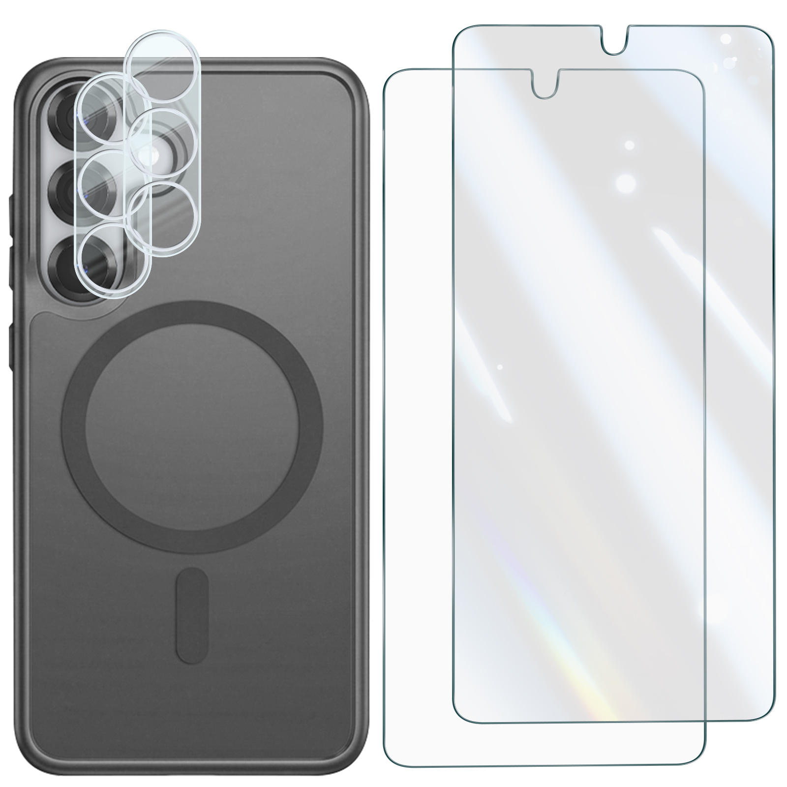 Eine graue Smartphone-Hülle, Kamera-Schutzgläser und zwei Displayschutzfolien auf weißem Hintergrund.