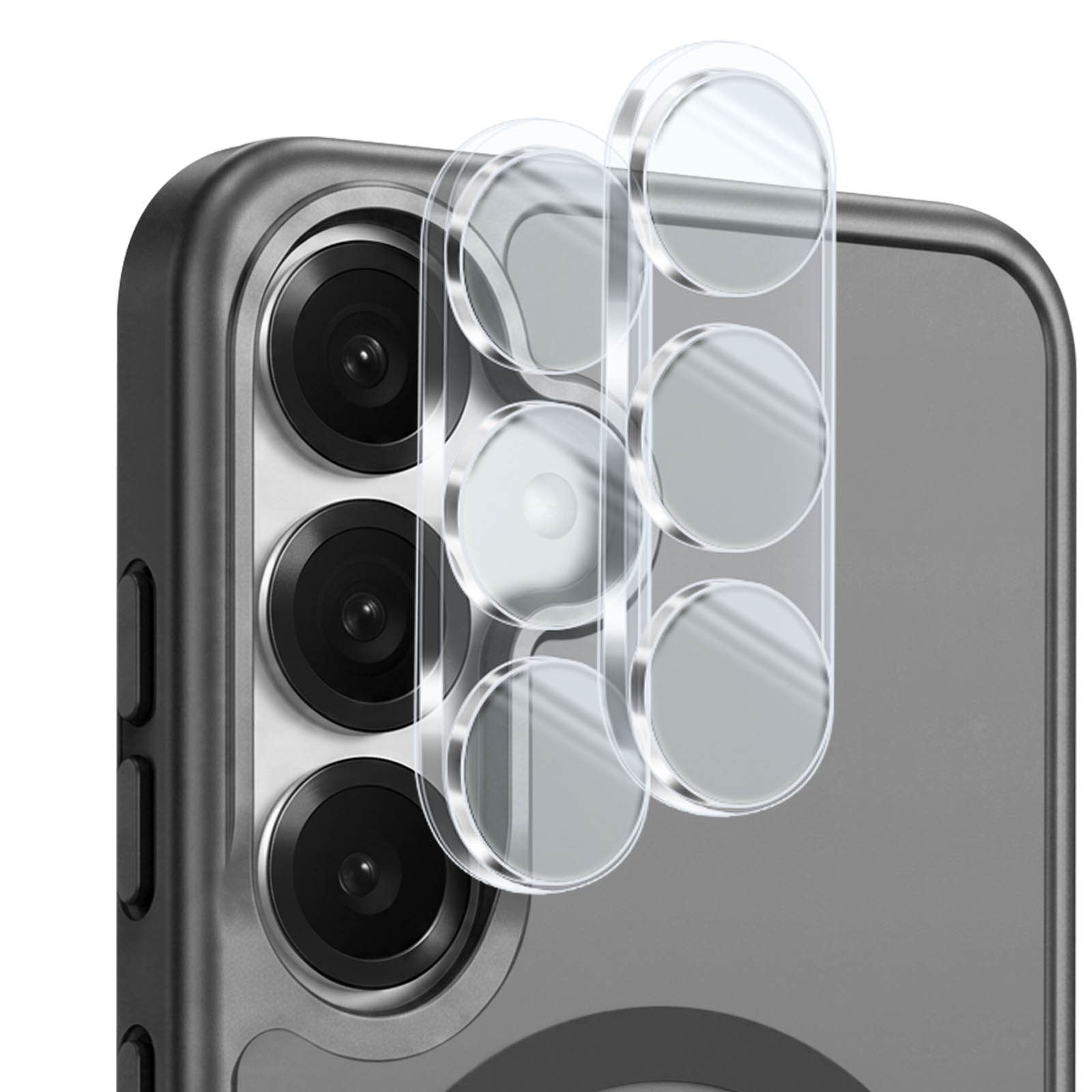 Transparentes Kameraschutzglas wird über den Linsen einer grauen Smartphone-Hülle positioniert.