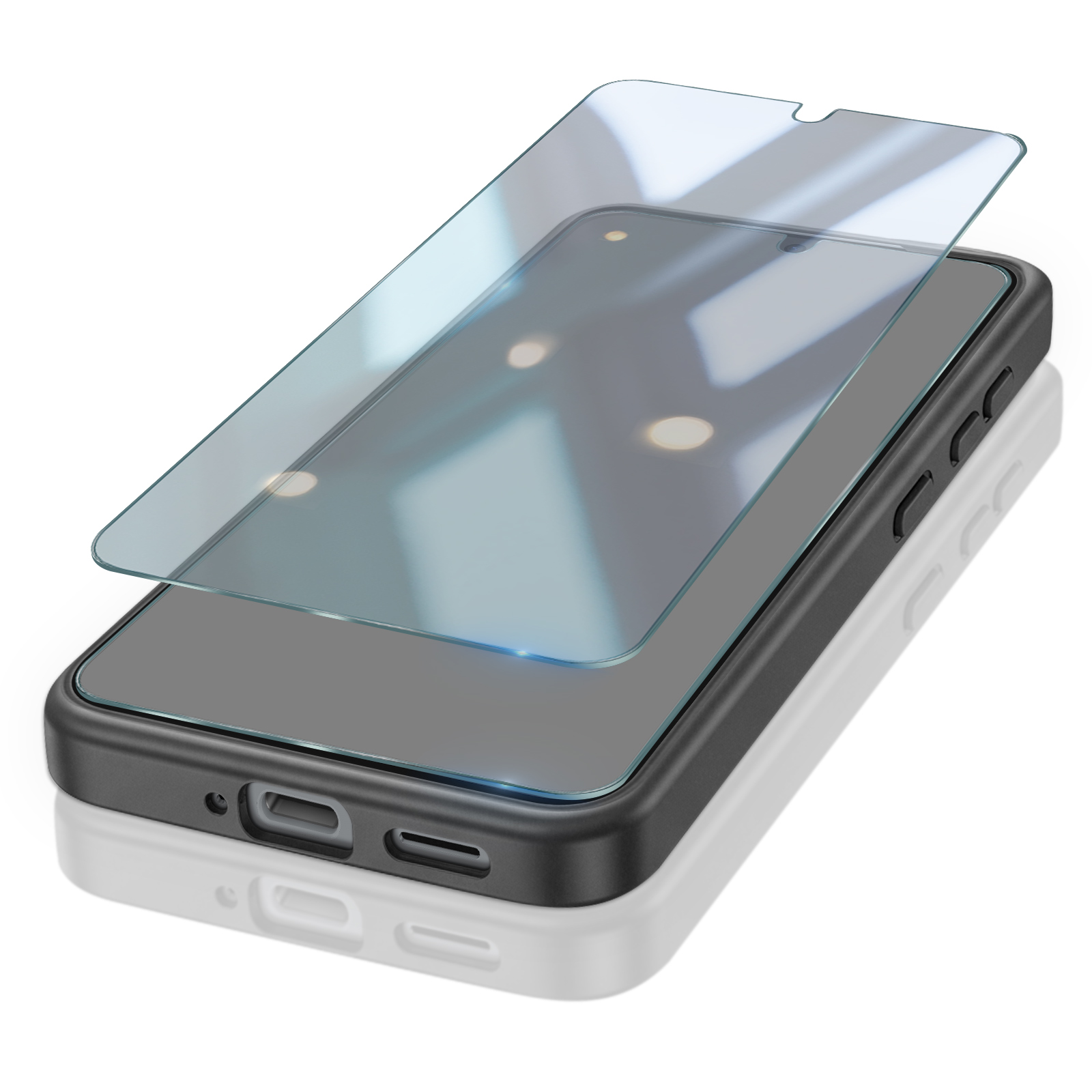 Ein Smartphone in einem schwarzen Gehäuse mit einer leicht abgehobenen Schutzfolie auf dem Display.