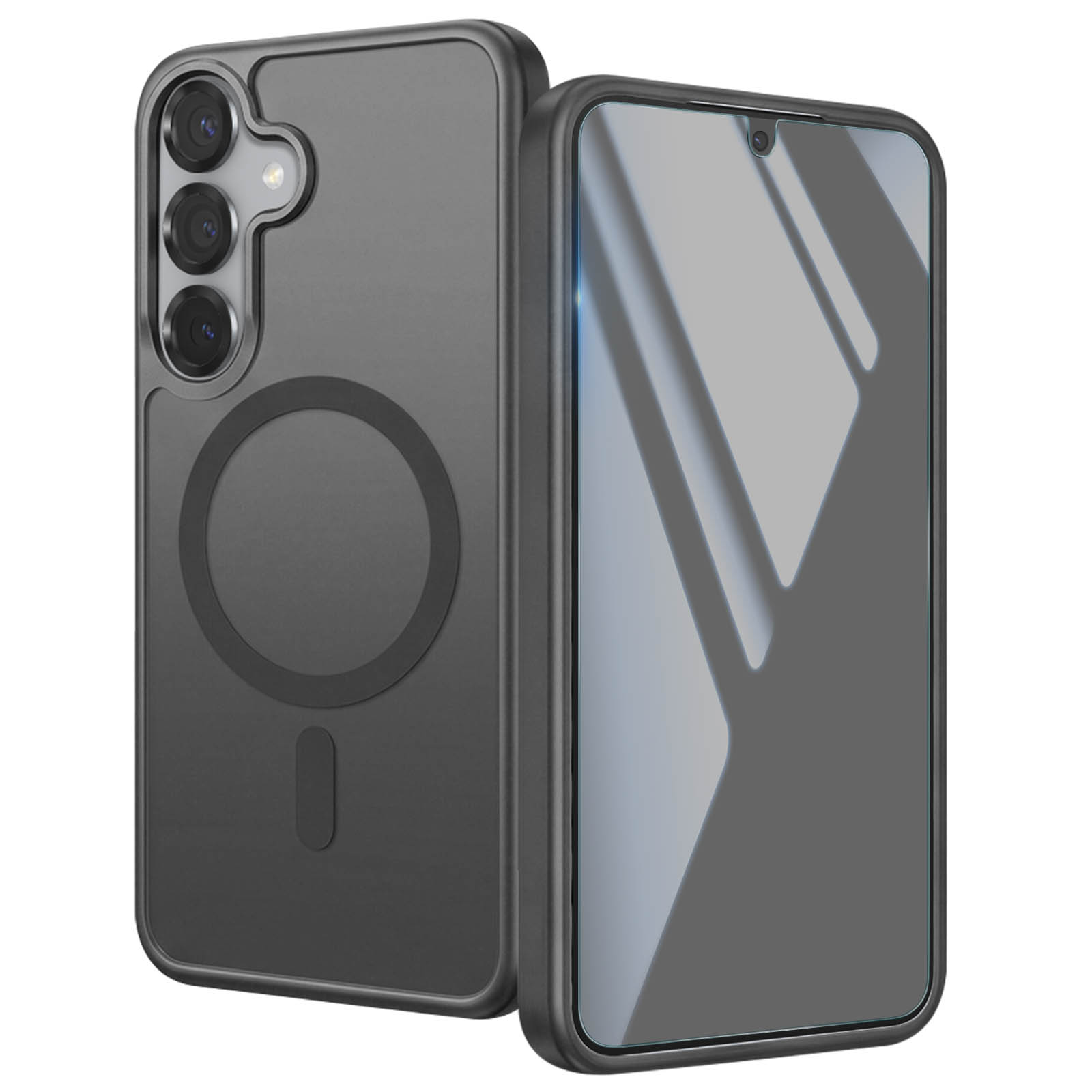 Eine graue Smartphone-Hülle mit magnetischem Ring auf der Rückseite steht neben einem Smartphone.