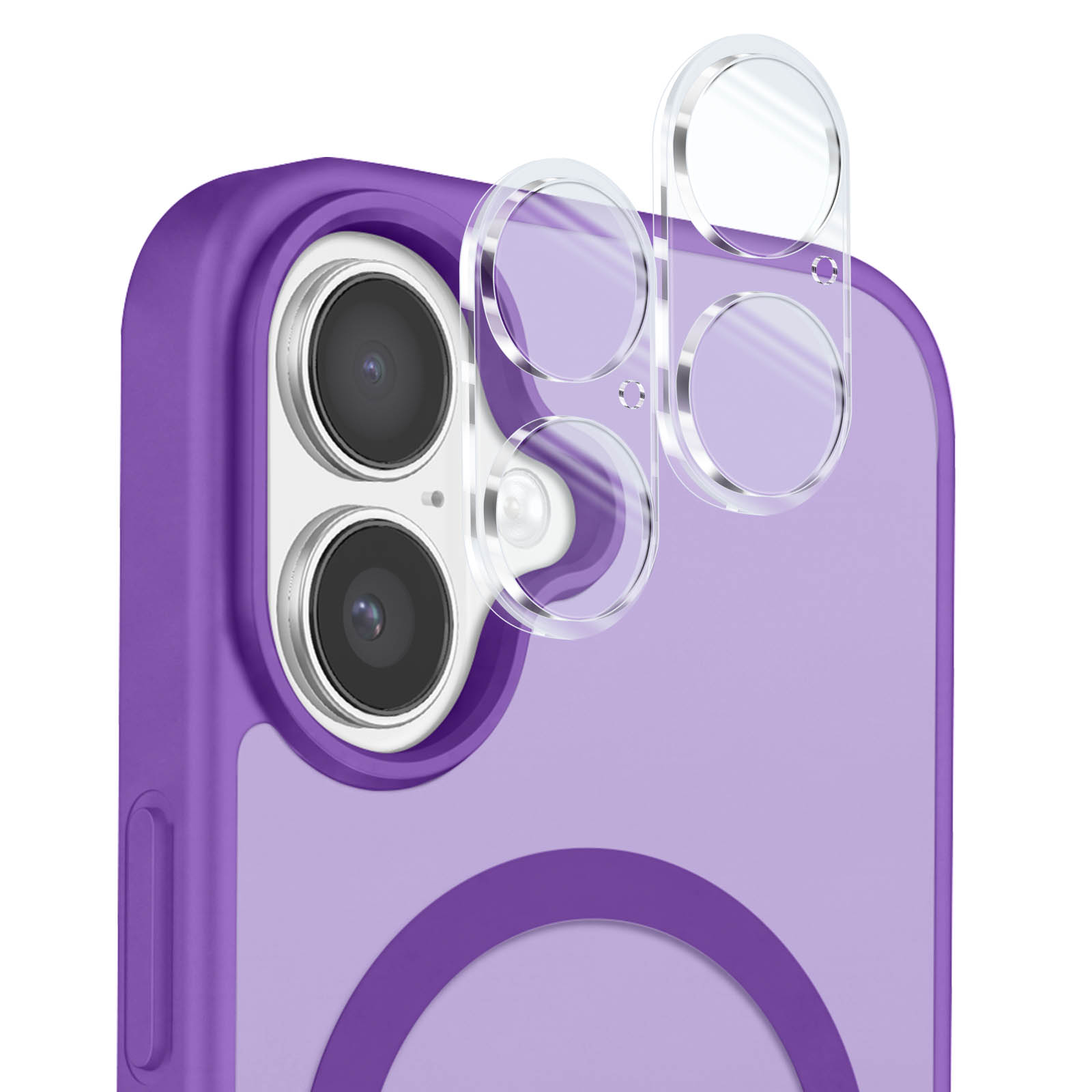 Eine lila Smartphone-Hülle mit zwei Kameras und transparenten Linsenschutzteilen darüber.