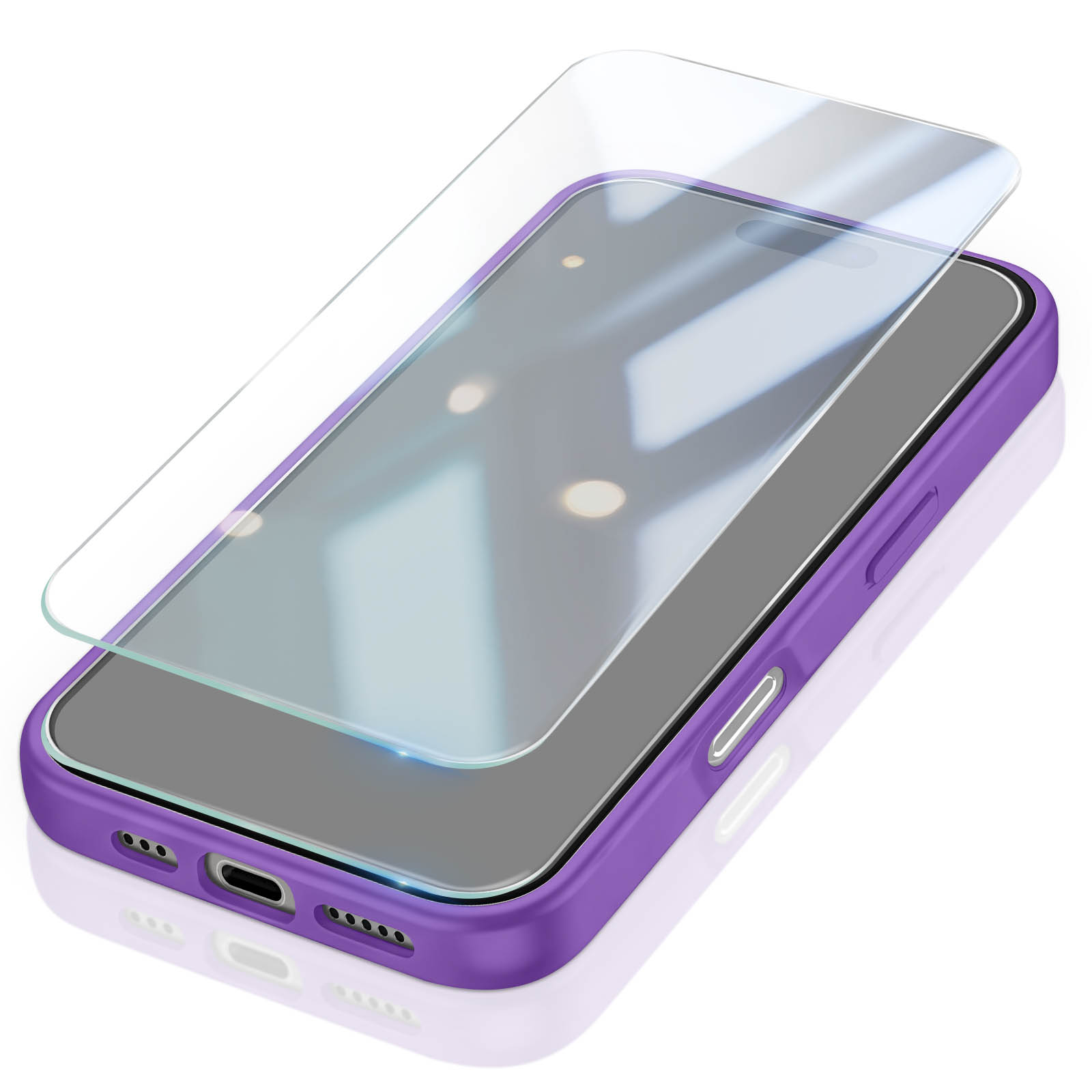 Ein lila Smartphone mit einer Schutzfolie, die leicht über dem Bildschirm schwebt.