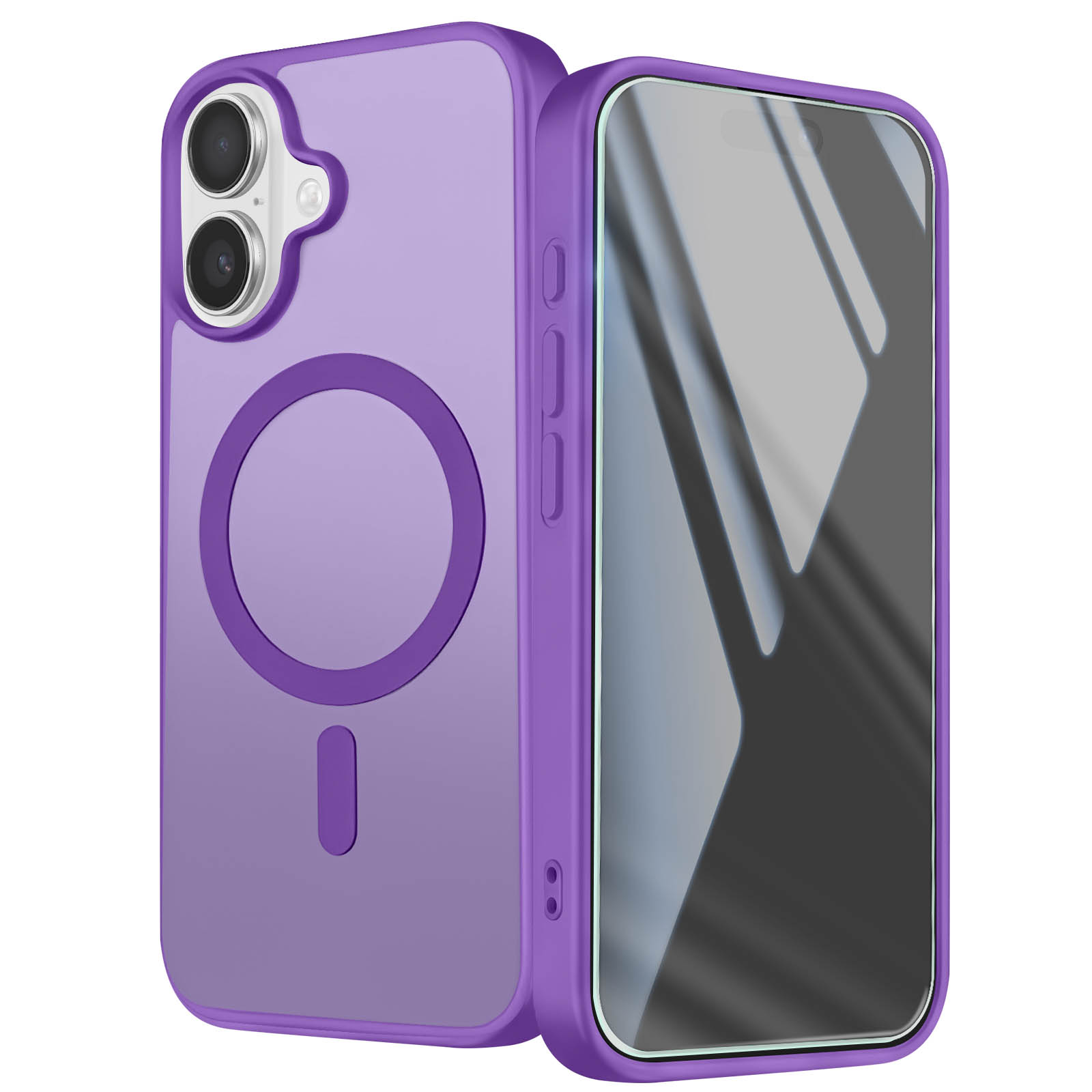 Ein lilafarbenes Smartphone mit MagSafe-Hülle, zwei Kameras auf der Rückseite und glänzendem Display.