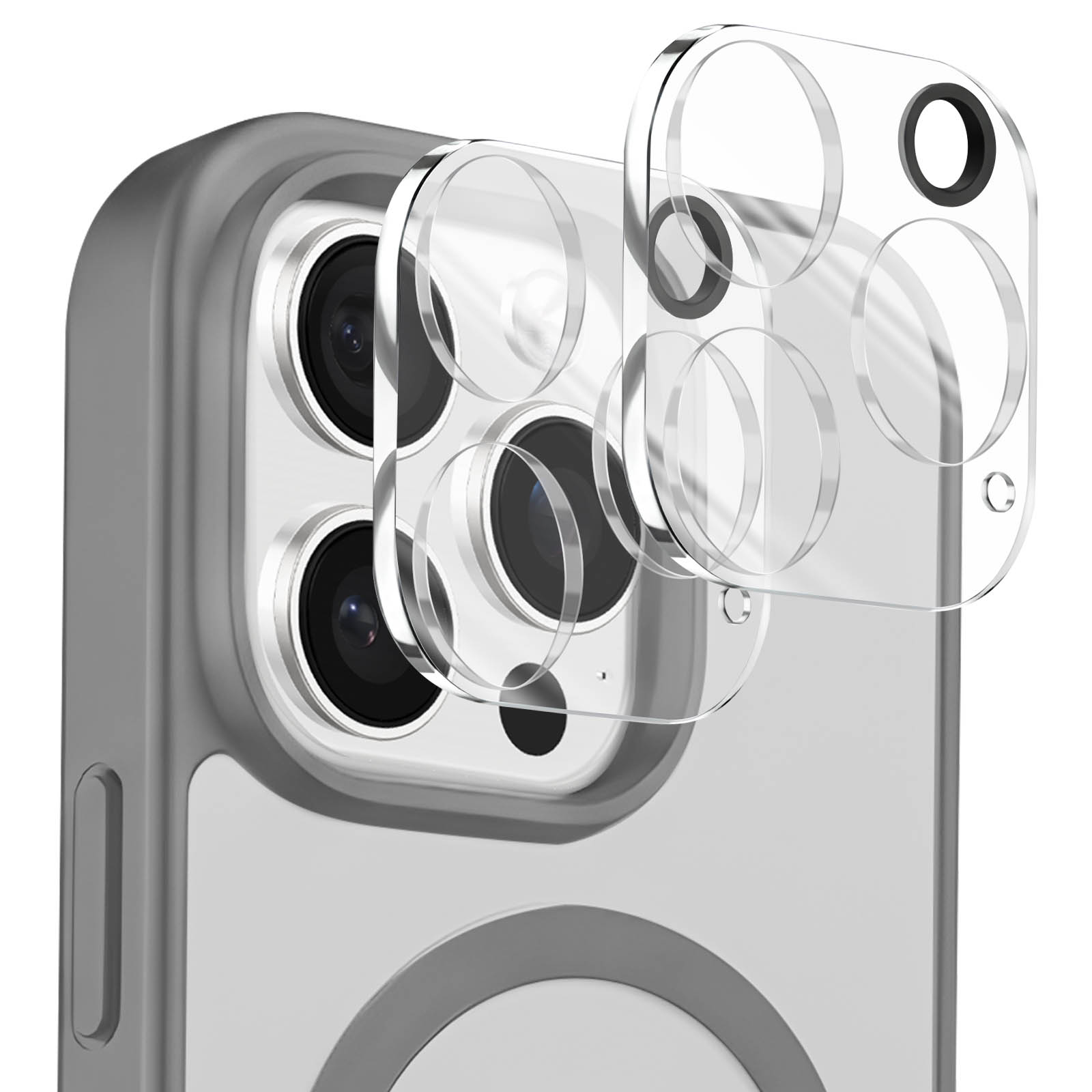 Nahaufnahme einer Smartphone-Kamera mit transparenten Schutzlinsen, die darüber schweben.