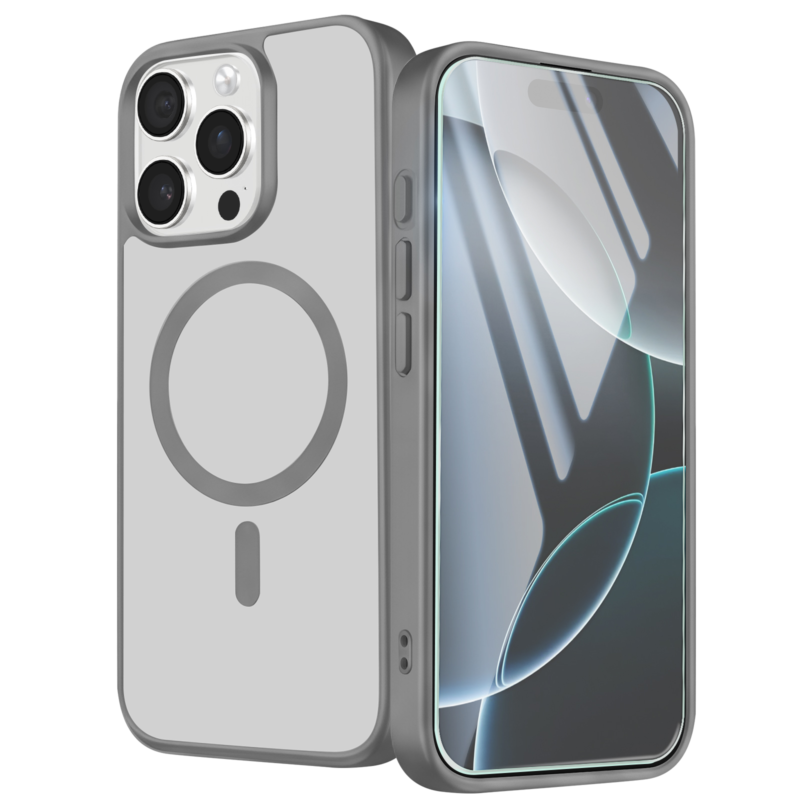 Graue Smartphone-Hülle auf einem Telefon mit dreifacher Kamera und kreisendem Magnetsymbol auf der Rückseite.