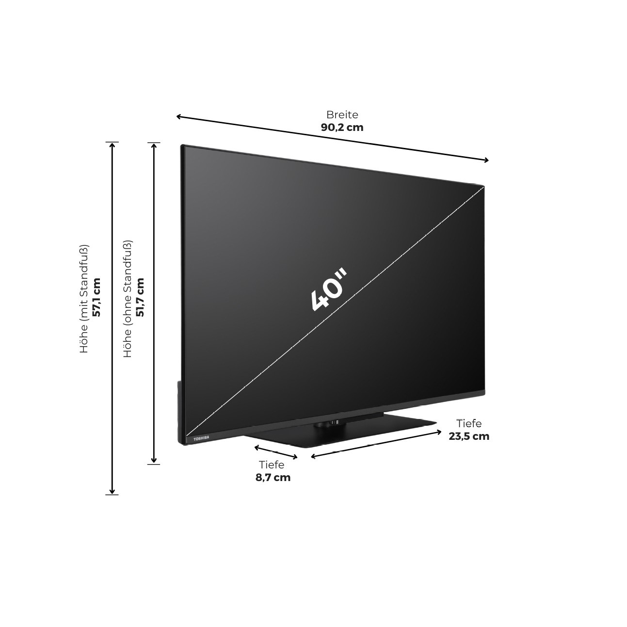 Schwarzer 40-Zoll-Fernseher mit Maßpfeilen für Breite, Höhe und Tiefe auf weißem Hintergrund.